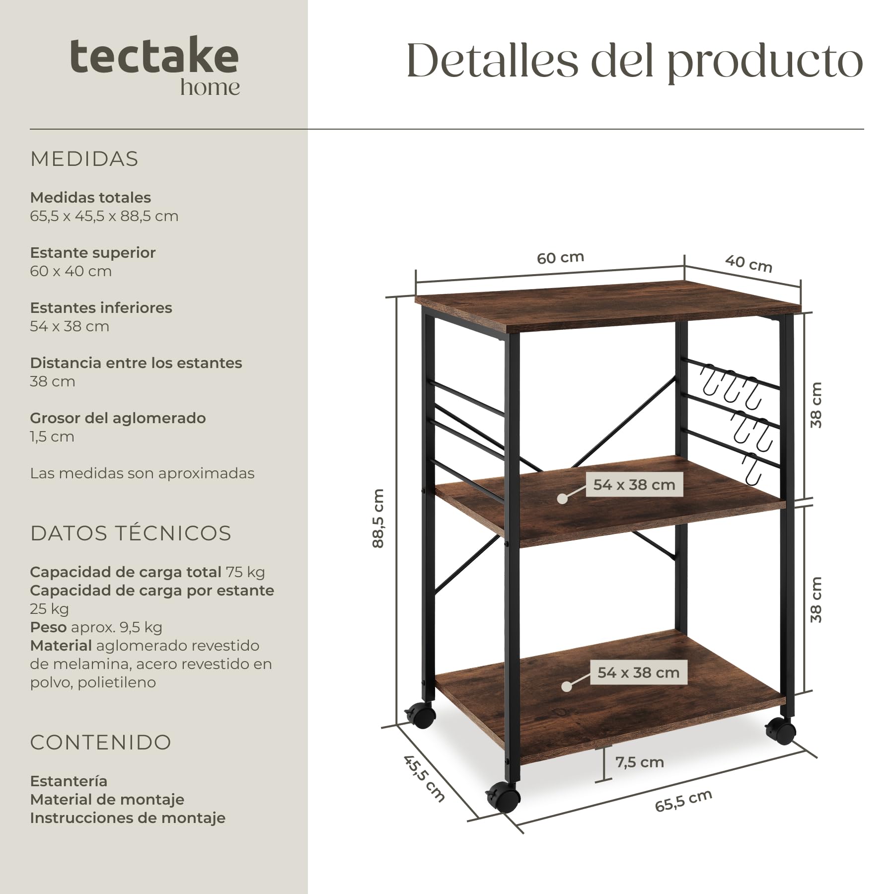 tectake® Estanteria Cocina con Estilo Industrial, Estanteria Pared Multifuncional, Mueble Auxiliar para Recibidores y Muebles de Salon - 65,5 x 45,5 x 88,5 cm Madera Industrial Oscura, Rústica