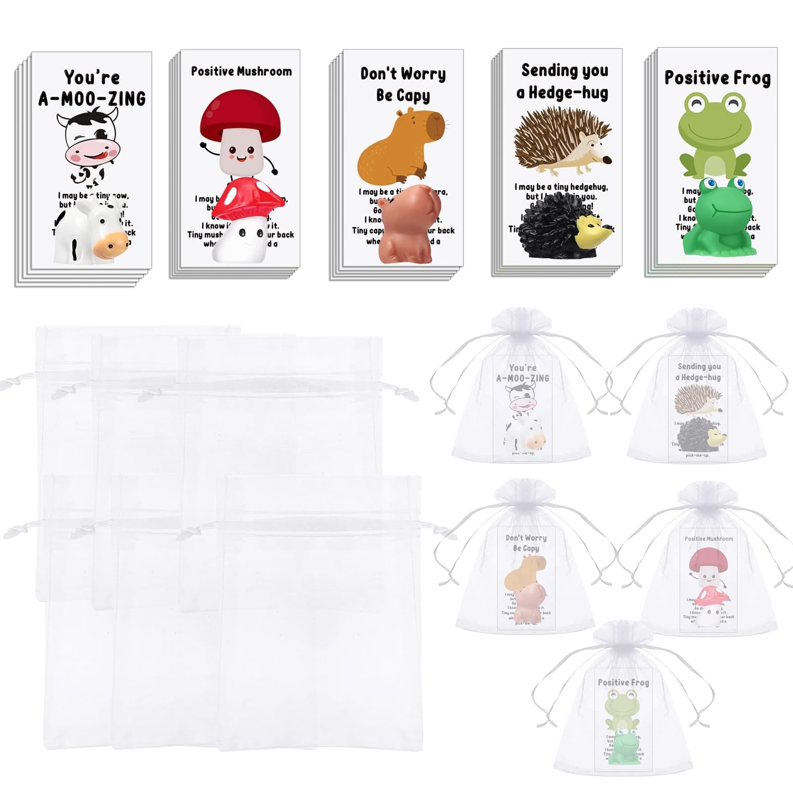 75 Pcs Employee Appreciation Gifts Bulk - Animal Pun Inspirational Note Cards with Funny Resin Figures, Organza Bags - Thank You Gifts for Coworkers, Teachers, Staff, Graduation Pocket Favors