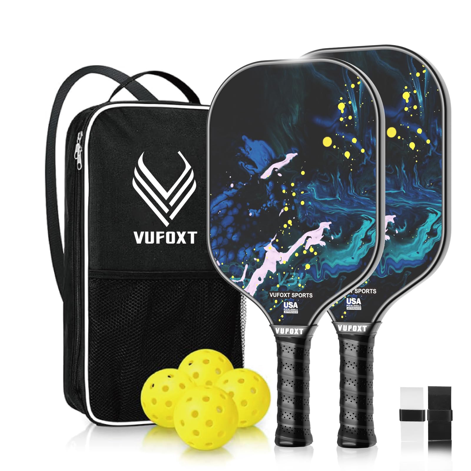 Pickleball Paddles Set of 2, USAPA Approved 99.99% Carbon Fiber Surface Pickleball Sets PP Honeycomb Core Pickleball Rackets, Lightweight Paddles with 4 Balls 1 Bag for Beginners Medium (Blue Waves)