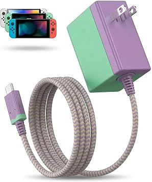 TPC 39W Charger for Nintendo Switch, 15V 2.6A AC Adapter Fast Charging with 5FT USB-C Cord, Compatible with Switch Lite, OLED, Steam Deck, Support TV Mode Green/Purple