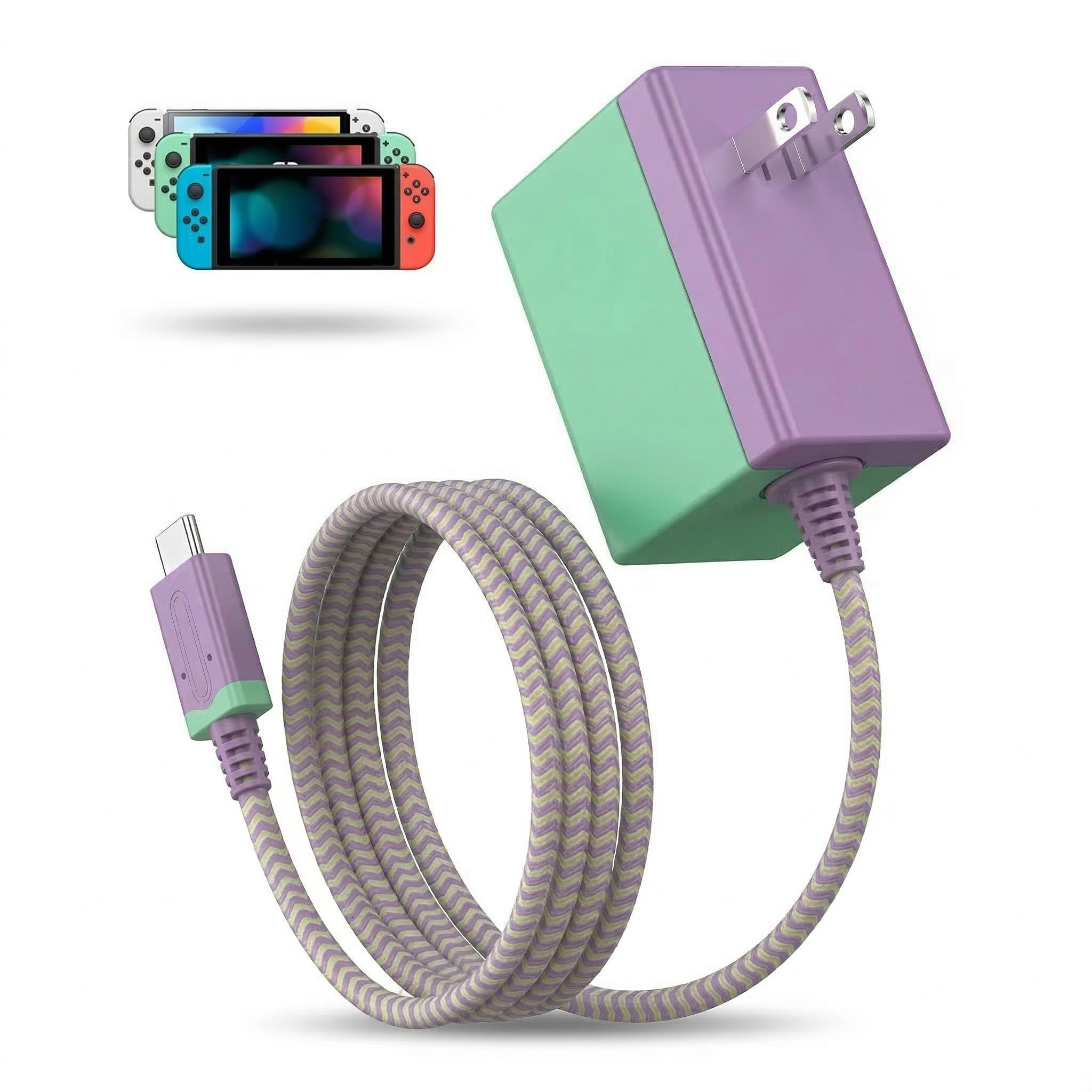 TPC 39W Charger for Nintendo Switch, 15V 2.6A AC Adapter Fast Charging with 5FT USB-C Cord, Compatible with Switch Lite, OLED, Steam Deck, Support TV Mode (Green/Purple)