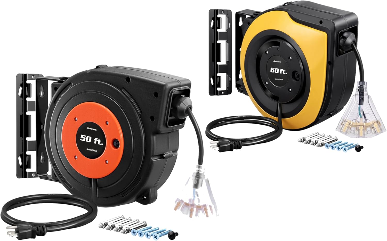 DEWENWILS Retractable Extension Cord Reel, 50 FT Heavy Duty Power Cord Bundle with 60 FT Retractable Cord Reel, Wall/Ceiling Mounted for Garage and Workshop, UL Listed
