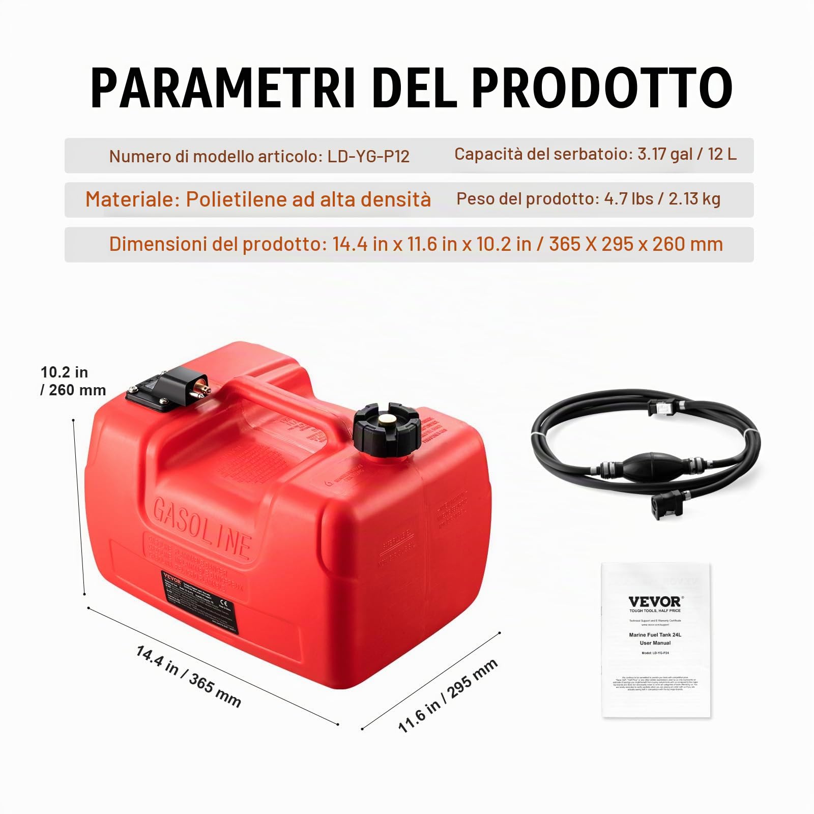 VEVOR Serbatoio Carburante Marino12 L Serbatoio Carburante per Barche Portatile per Barche con Motore Fuoribordo, Serbatoio Carburante per Barche Marine Fuoribordo Plastica con Tubo Flessibile, Rosso