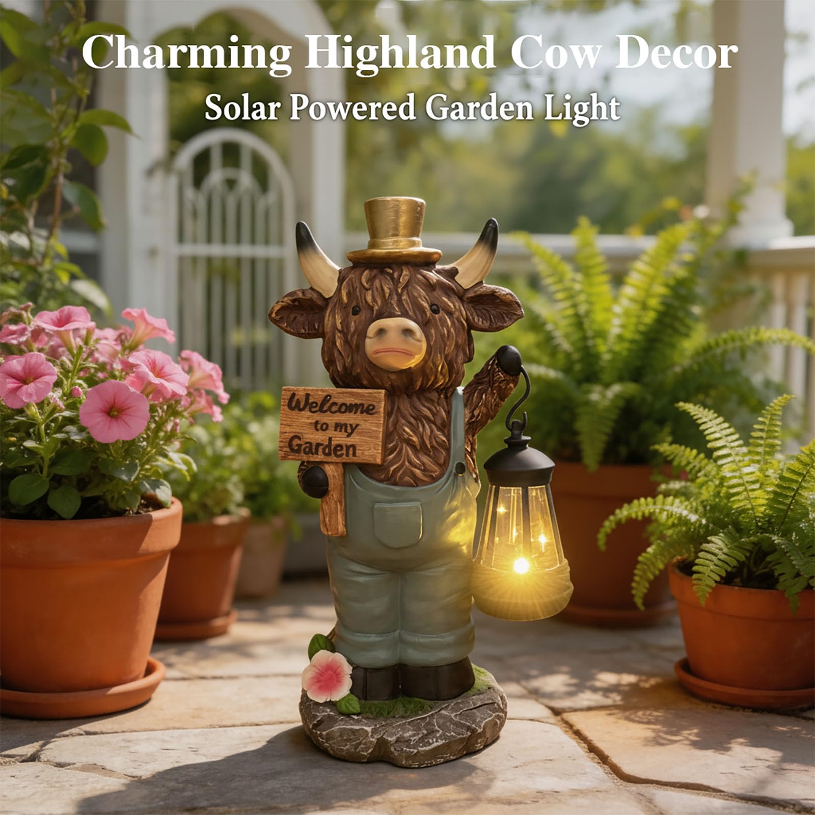 Zasilana energią słoneczną lampa ogrodowa Highland Bull, 15 cm, statuetka krowy z latarnią, wodoodporna rzeźba zwierząt na podwórko, patio, dekoracja trawnika