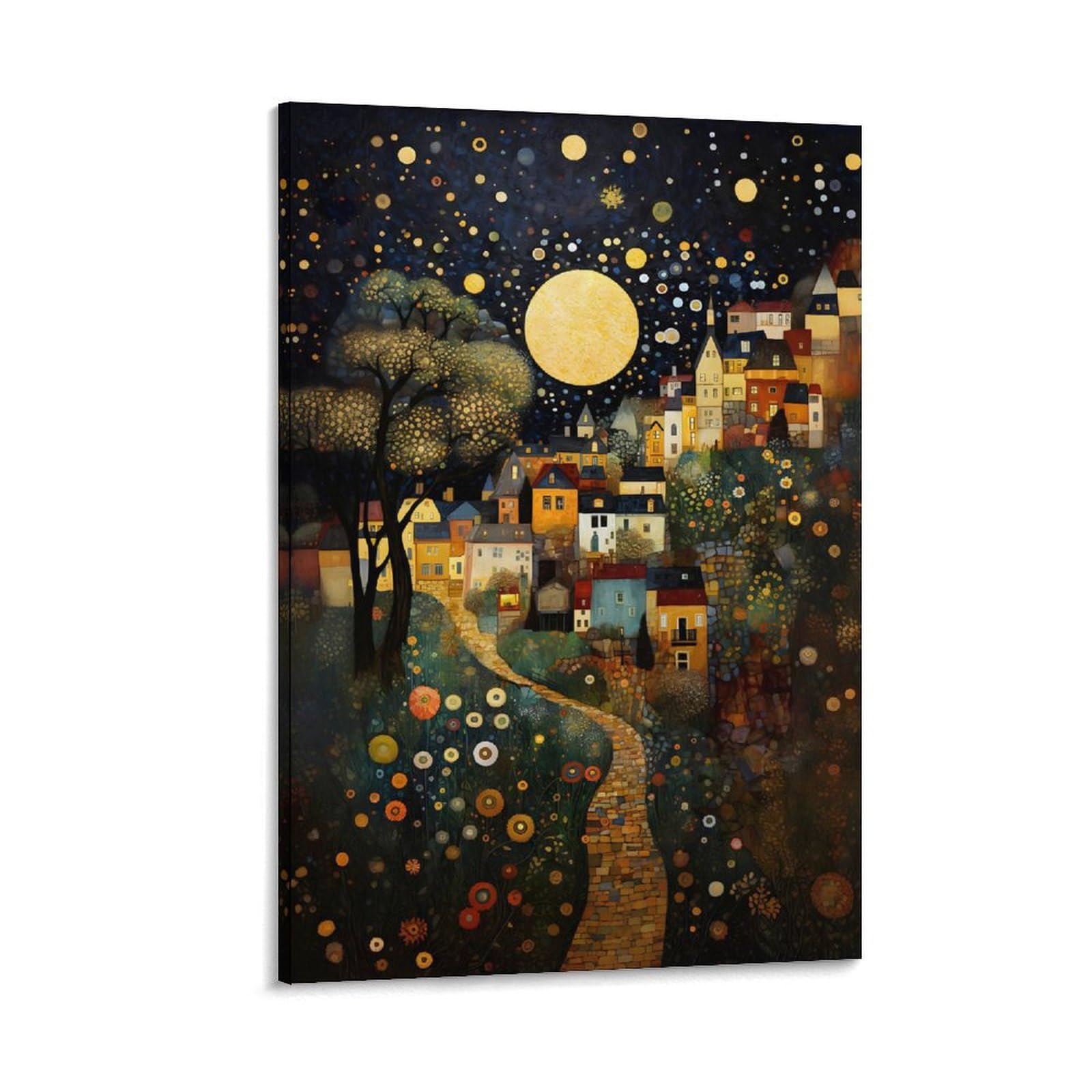 Gustav Klimt Mond Nacht Himmel Landschaft Florale Wandkunst Pflanzen Poster für Zimmer Ästhetik Leinwand Wandkunst Schlafzimmerdekor 40 x 60 cm (16x24 Zoll)