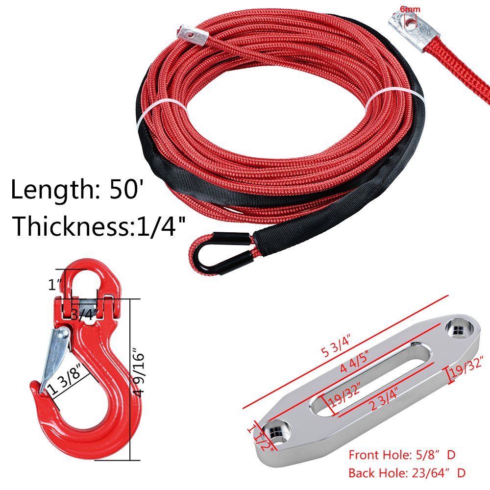 Astra Depot 50' x 1/4 RED Rock and All Heat Guard Synthetic Winch Rope Cable 7000LBS w/RED Heavy Duty Half-Linked Hook + Hawse Fairlead for Car ATV UTV Ramsey KFI