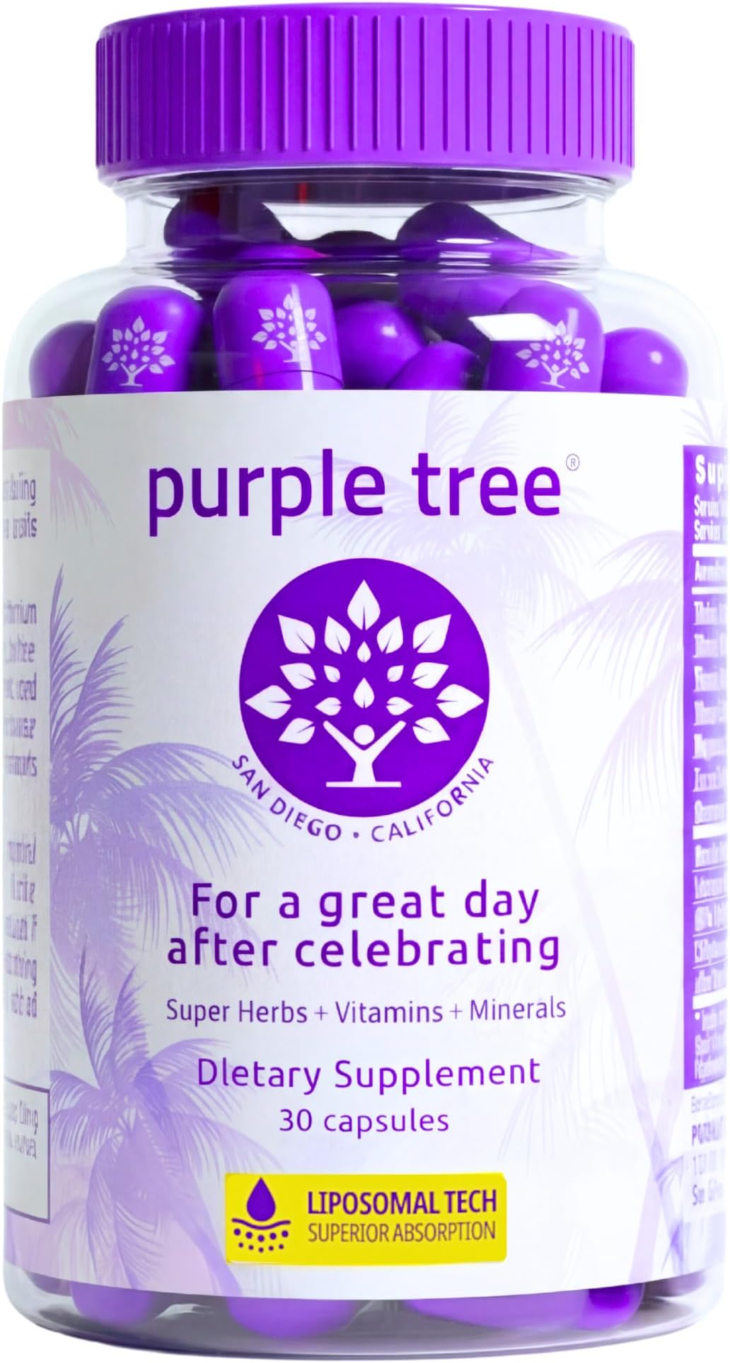 purple tree Post-Celebration Wellness Supplement for Liver Support & Hydration | Liposomal Dihydromyricetin (DHM), L-Glutathione, Milk Thistle, B Vitamins, Minerals, Willow Bark | 30 Capsules