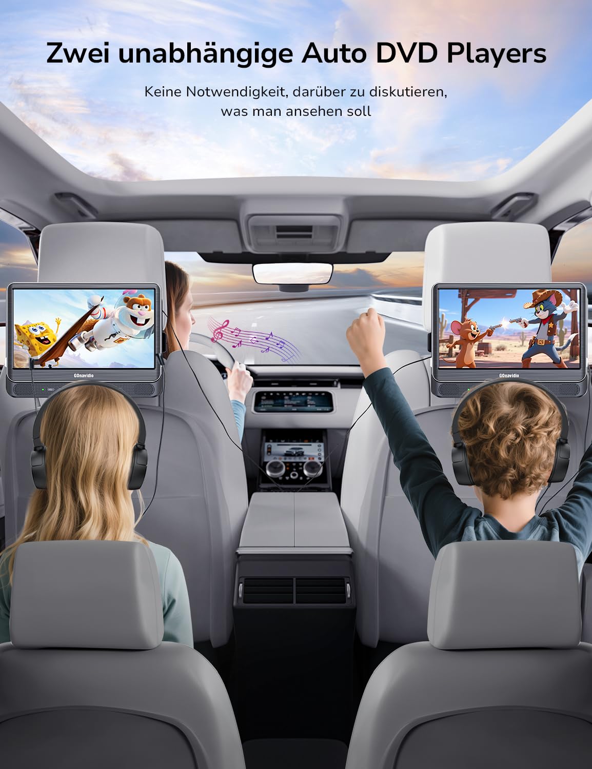 GOnavidio 12" DVD Player Auto 2 Bildschirme mit 1080P HDMI-Eingang, Tragbarer Fernseher Kopfstütze 2 Monitore für Kinder Unterstützt Letzter Speicher, AV In/Out, Sync Screen, USB-SD-Karte (12 Zoll)