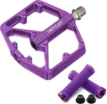 Mountain Bike Pedals & Grips Purple Aluminum Flat Pedals 9/16 & Handlebar Grips for MTB, BMX, Gravel, EBike