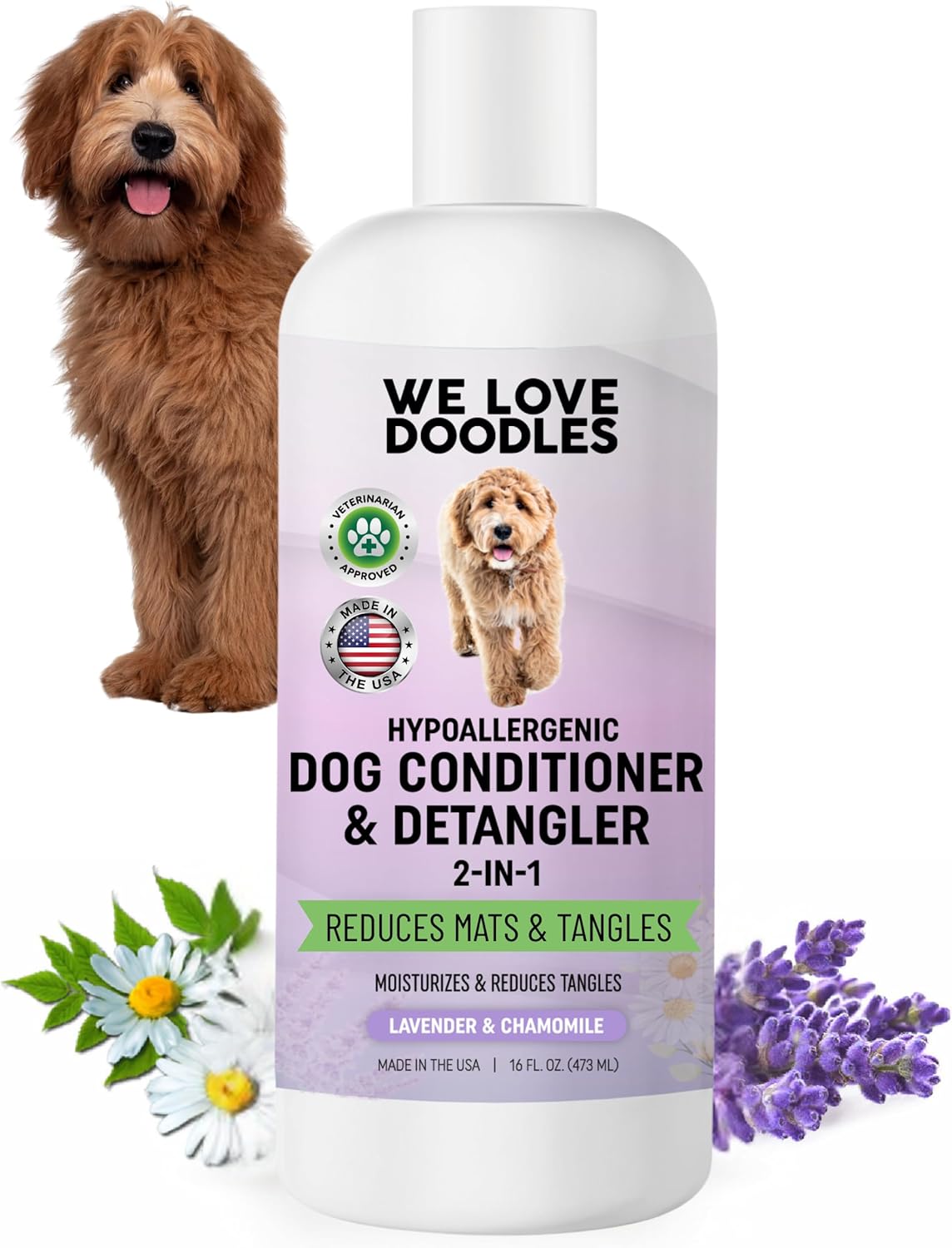 We Love Doodles 2-in-1 Dog Conditioner & Detangler for Allergies & Itching - Made in USA, 16oz Lotion for Poodles, Doodles, Goldendoodles
