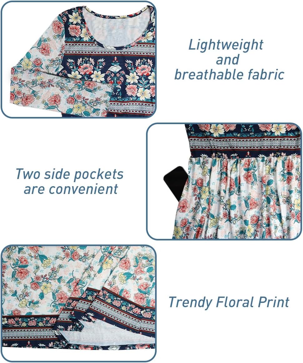 ABINGOO Damen Kurzarm Rundhals Sommerkleid Boho Blumendruck A-Linie Kleid Lose Midikleid Freizeitkleid Strandkleider mit Taschen - Image 3
