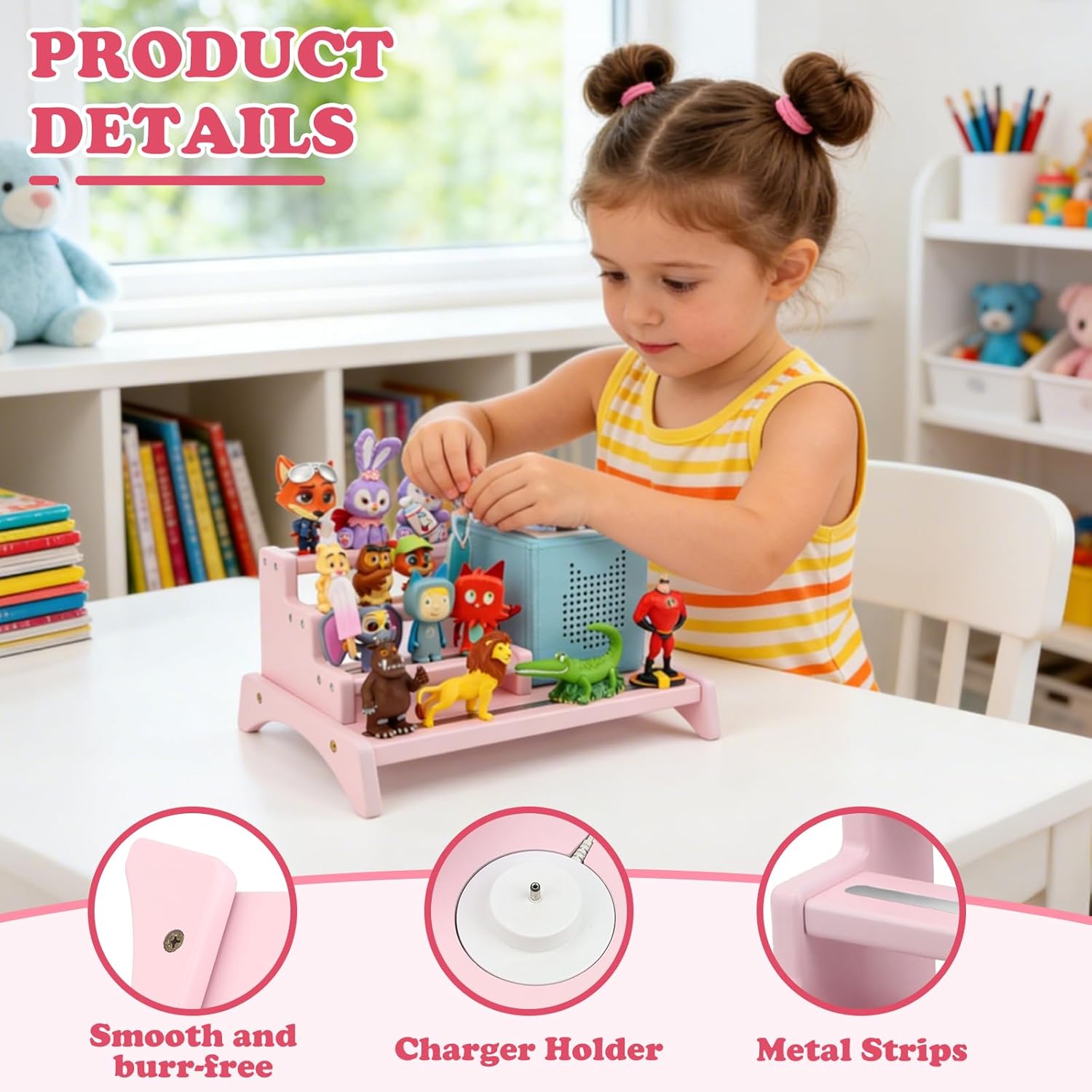 for Tonies Box Organizer 3-Tier Storage Shelf, Magnetic Desktop Storage Rack for Tonie 1/2 Player Tonies Figures Characters, Display Collection 10~15 Characters - Pink