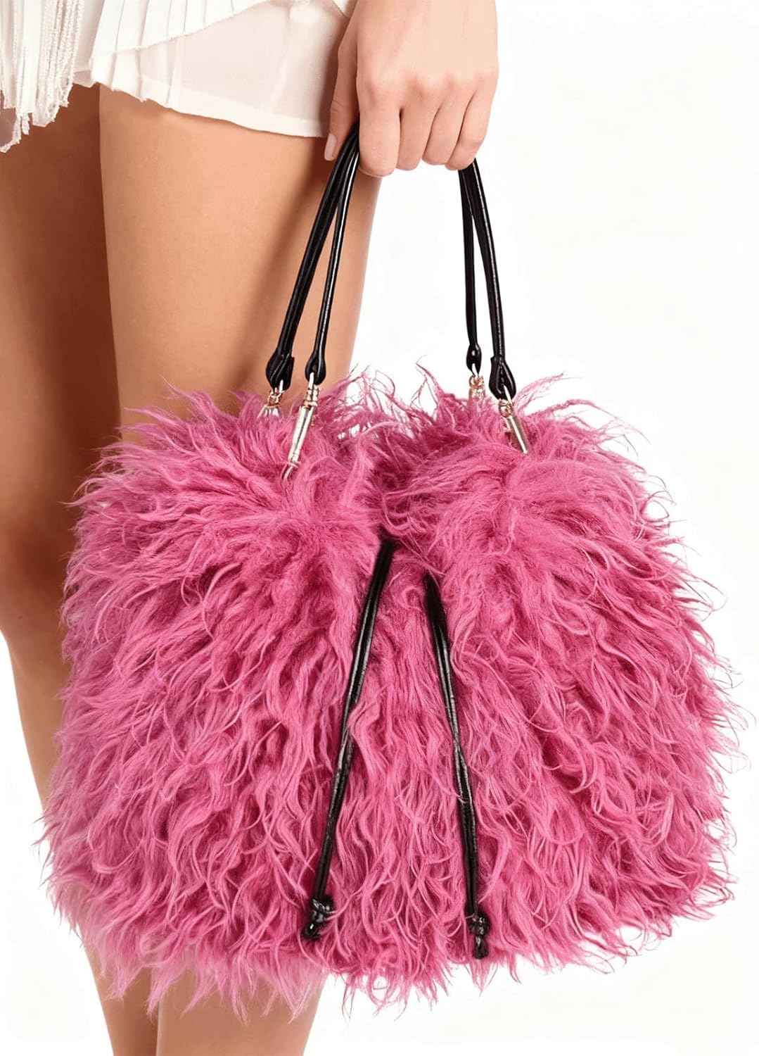 Fur Purse Mongolian Tote Bucket Bag Drawstring Fluffy Fuzzy Furry Top Handle Shoulder Bag Soft Winter Handbag
