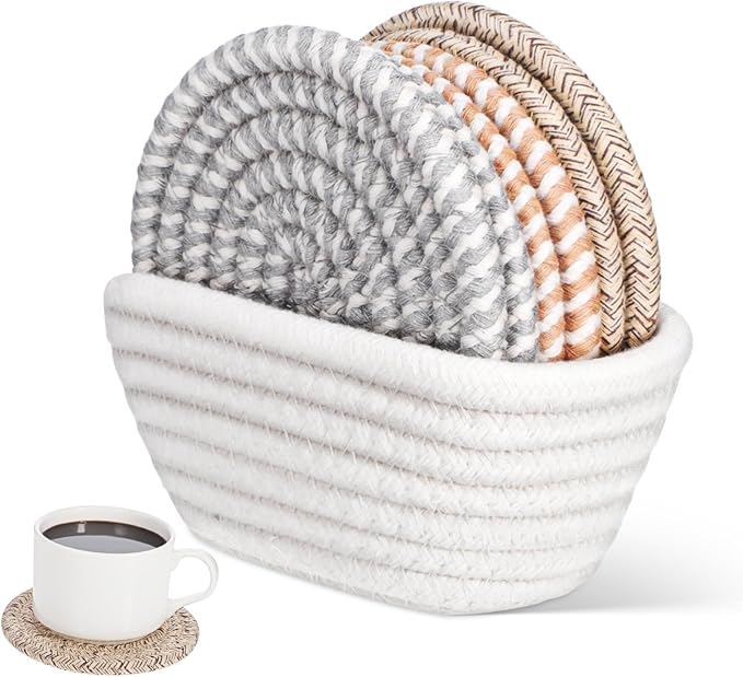 Generic Boho Cotton Rope Coasters with Storage Basket Round Absorbent Woven Cup Holders for Desk and Kitchen Decor Rustic Handmade Decorative Coasters for Hot and Cold Drinks