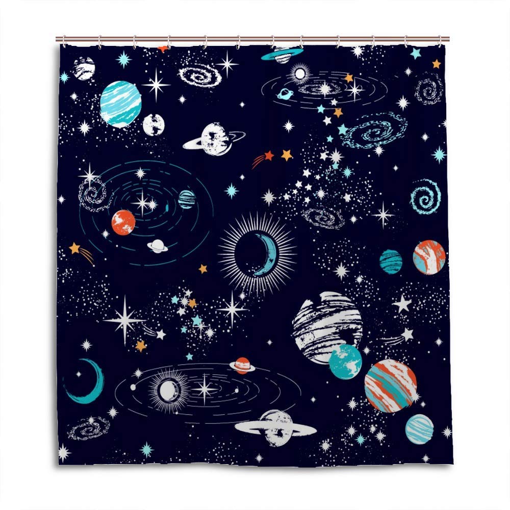 Rideau de douche anti-éclaboussures galaxie en polyester lavable avec crochets inclus