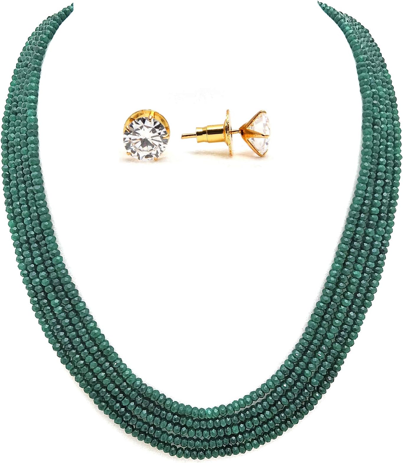Taruna Biyani Multi Layered Semi Precious Emerald Green Gemstone Beaded String Necklace Mala for Women (EMGO) with CZ Solitaire Stud Earrings