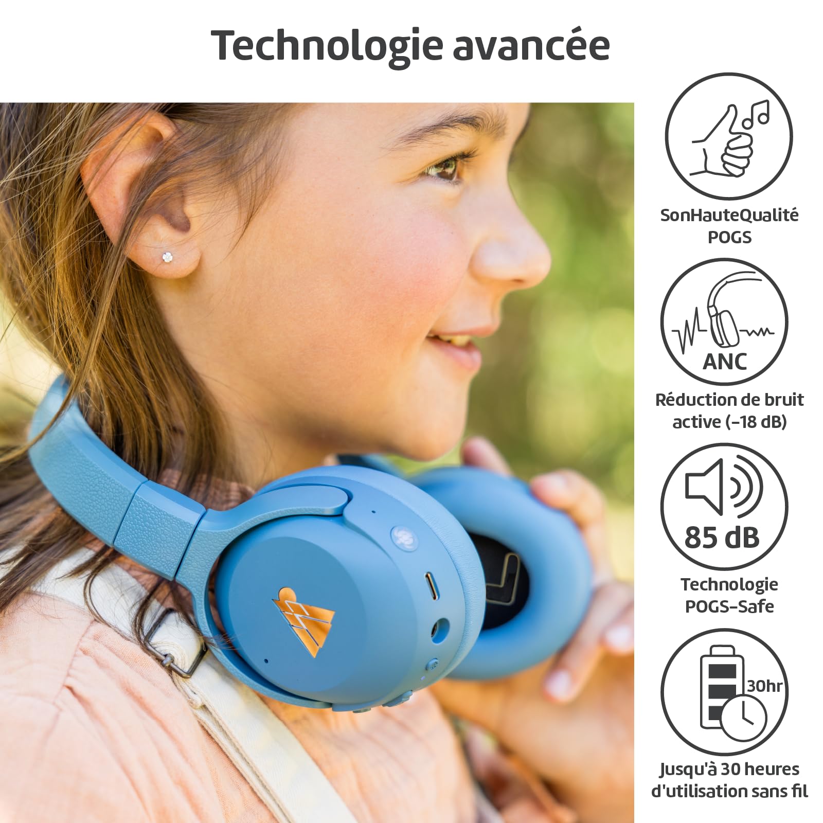 POGS La Tortue | Casque Audio Circum-auriculair sans Fil à réduction de Bruit | Casque Ajustable et Robuste | Limite de Volume à 85 DB, Microphone | Fonction de Partage de Musique sans Fil (rBleu)