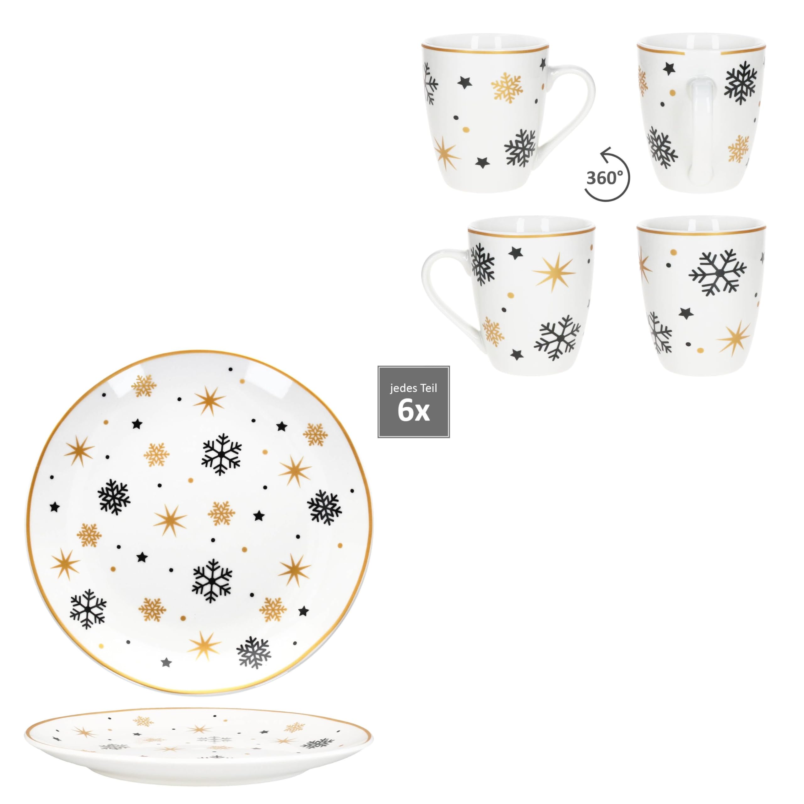 MamboCat Stars schwarz & gold 12tlg Frühstücksset I Je 6x kleine Frühstücksteller & Kaffeebecher 300ml für 6 Personen mit Sternen & Schneeflocken I Weihnachten