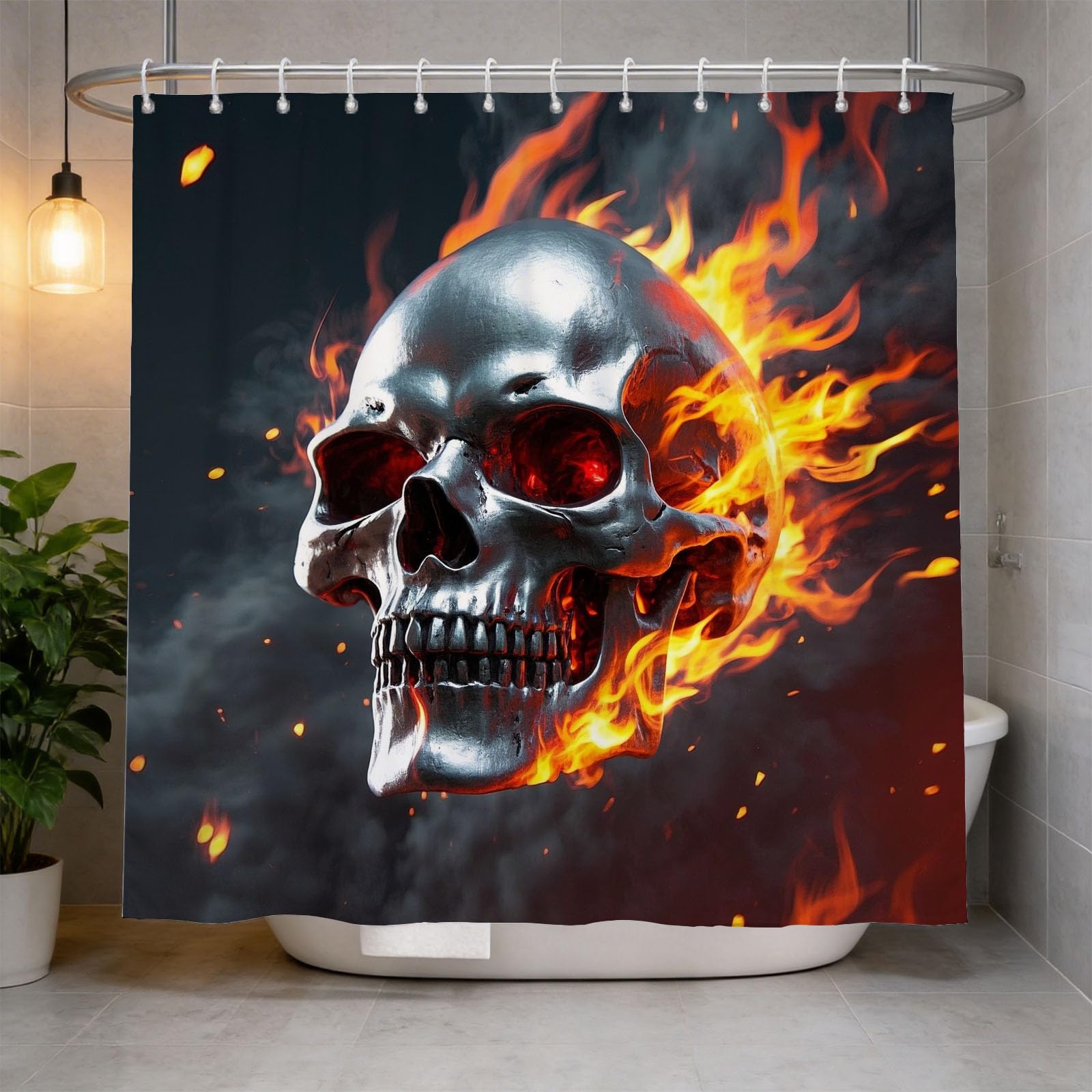 Hongduo 3D Skeleton Shower Curtain for Stalls Bathtubs Burning Skull Bathroom Decor Shower Curtain Set Polyester Fabric Waterproof 120x180cm/48X71 Inch with Hooks