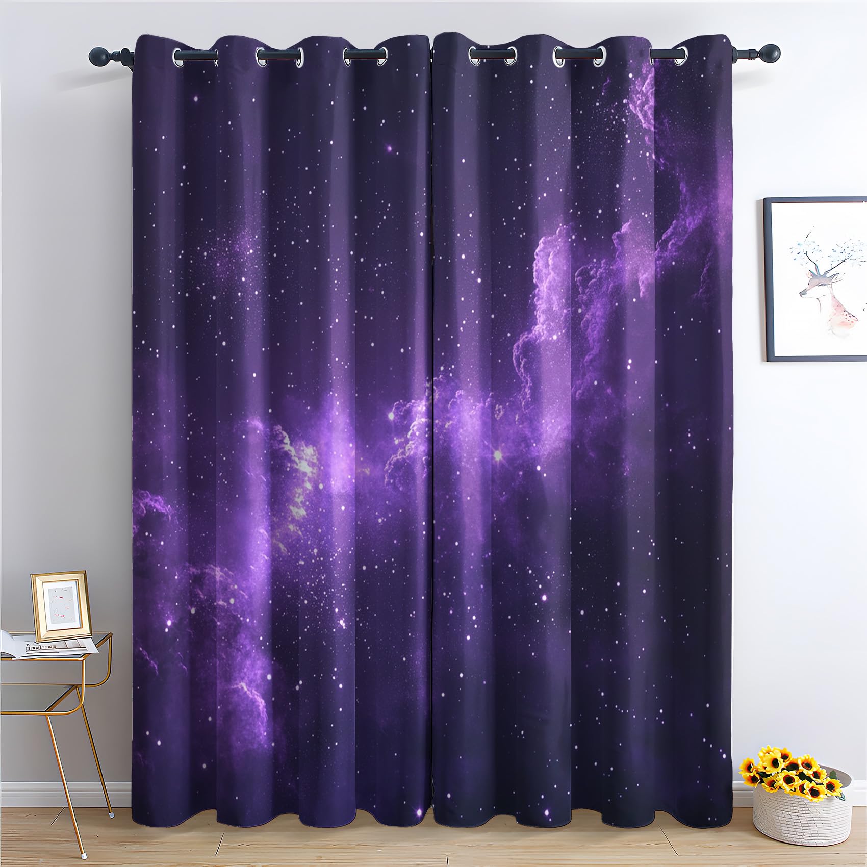 Weltraum Vorhänge Galaxie Lila Fantasie Sternenhimmel Vorhang Blickdicht mit Ösen, Verdunkelungsvorhang Gardinen für Schlafzimmer Wohnzimmer Fenster Deko, Blackout Curtain 2er Set H 245 x B 140 cm