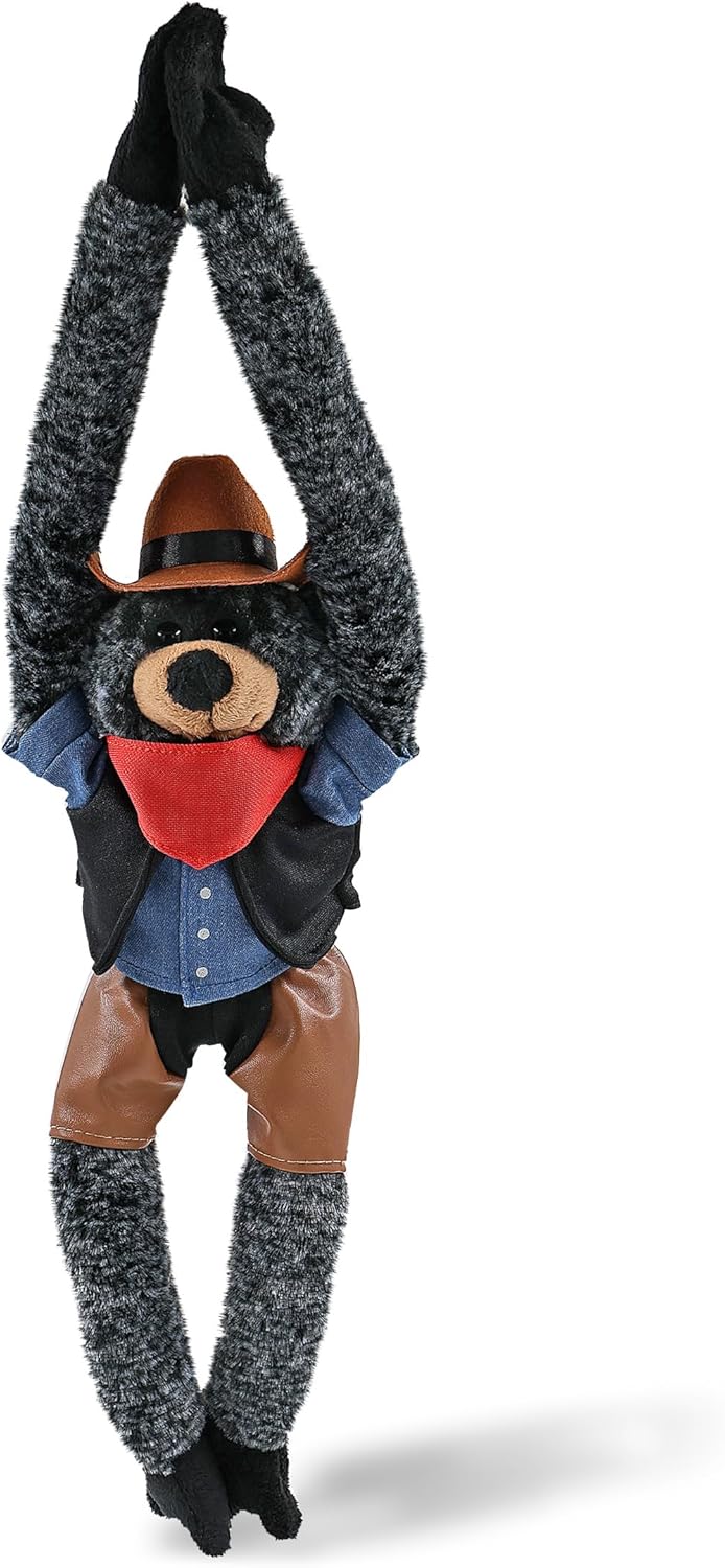 DolliBu Long Arms Black Bear Stuffed Animal Cowboy Plush with Name Personalization - Western-Themed Bear Plush with Cute Cowboy Costume Denim Shirt Vest, Bandana, Leather Pants, and Hat - 21 Inches