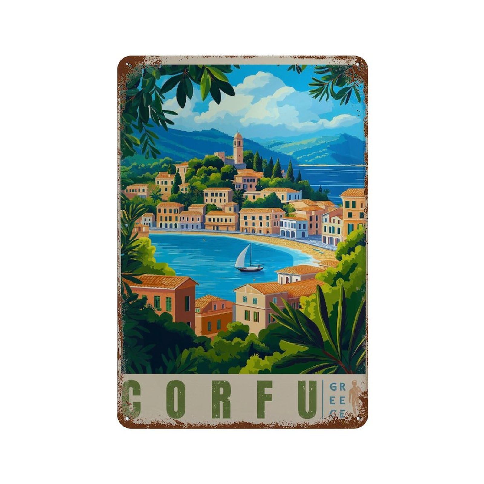 xiaoxiaoshen Corfu Greece Travel Mediterranean Island Wall Decor Art Metal Tin Poster Modern Home Decor Art Home Bar Shop Decorations Vintage Sign 30x20cm