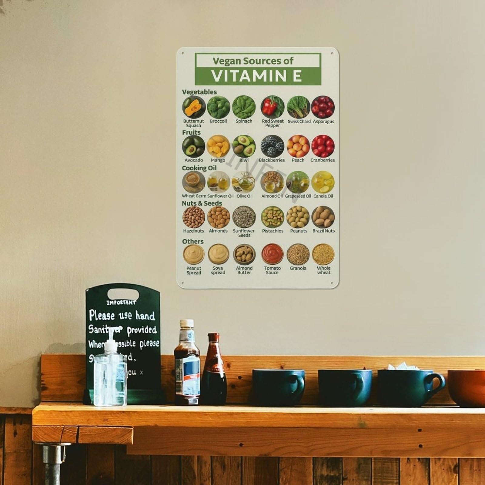 BIANMTSW Źródła witaminy E dla wegan plakat żywność na bazie roślin wykres dla zdrowego życia oprawiony, 40 x 60 cm