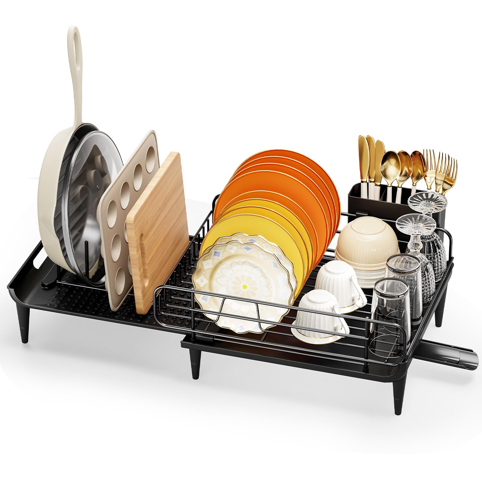 kingrack Égouttoir à Vaisselle Extensible - Égouttoir à Vaisselle Pliable pour compteurs de Cuisine - en Acier Inoxydable - avec Porte-Couverts - Noir