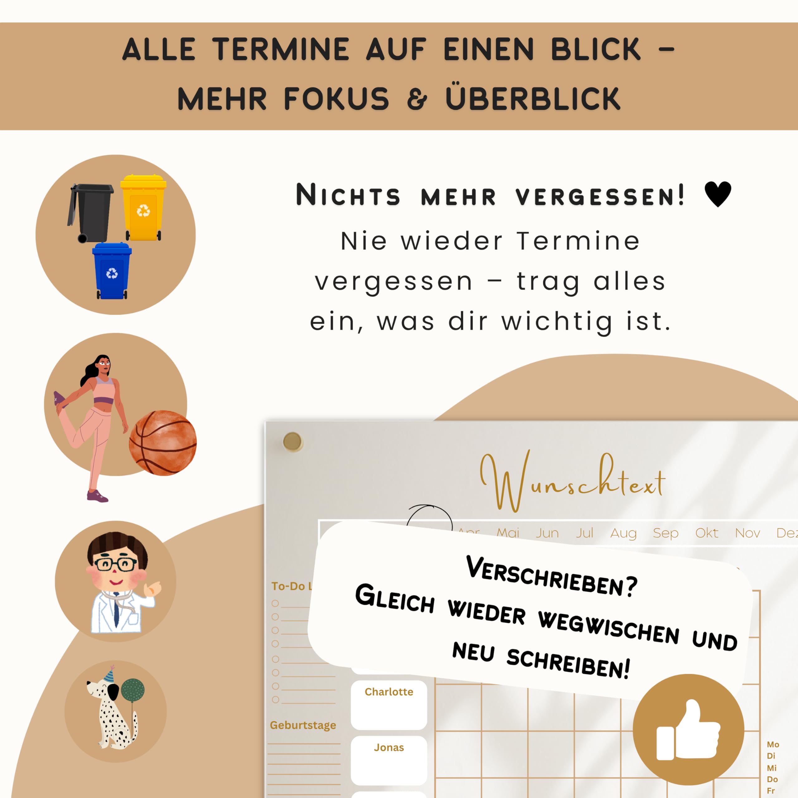 EmiliaLotte Personalisierter Familienplaner aus hochwertigem Acryl I Abwischbarer Wand Kalender für die ganze Familie I Wiederverwendbarer Monatsplaner mit Einkaufsliste, Menüplan & Mehr - Weiss Beige