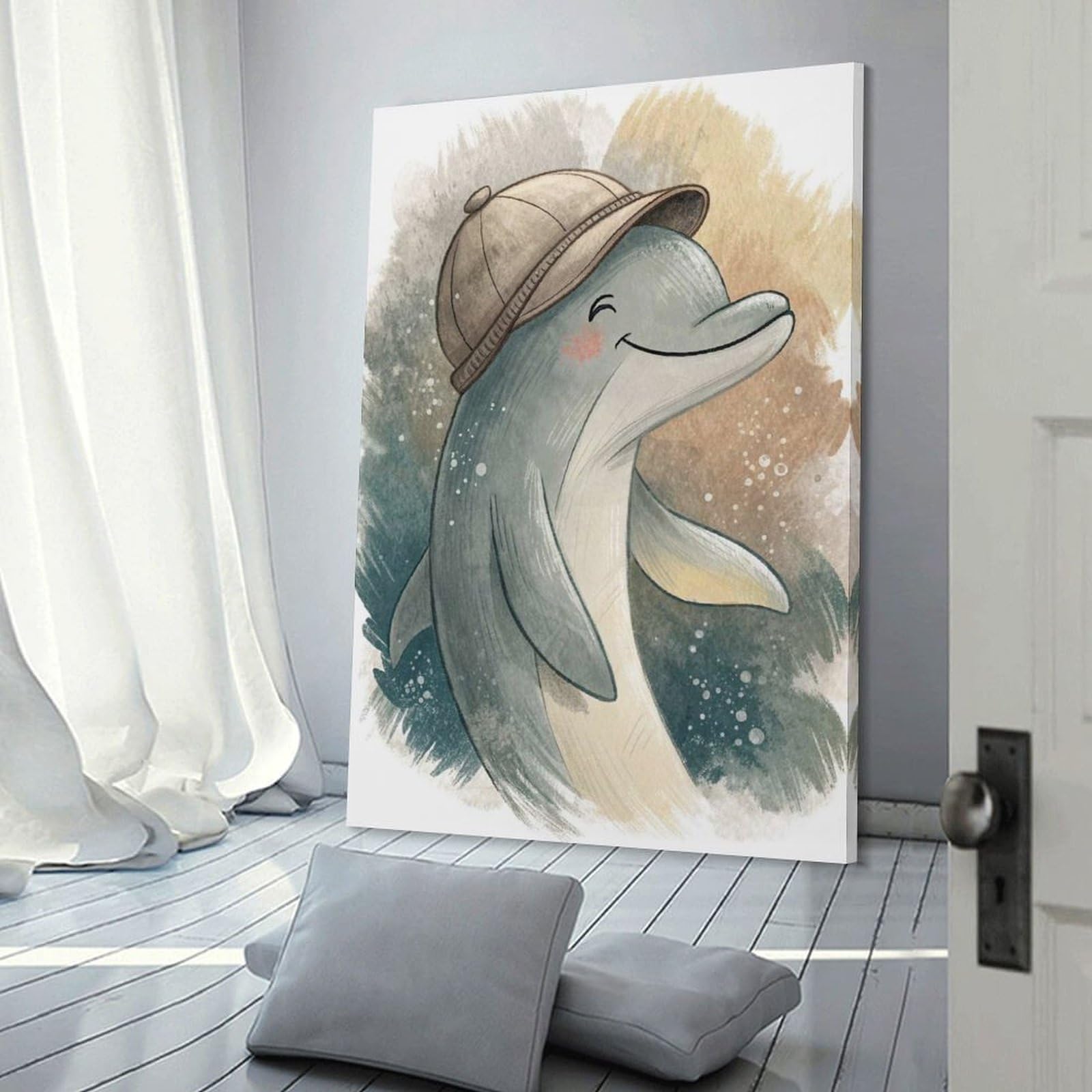 Junmoney Canvas Wall Decor Cute Dolphin Wearing A Hat, 24x36inch(60x90cm), for Bedroom Decor, Cosy Corners Or Studios, Decorative Wall Art for Cosy Rooms