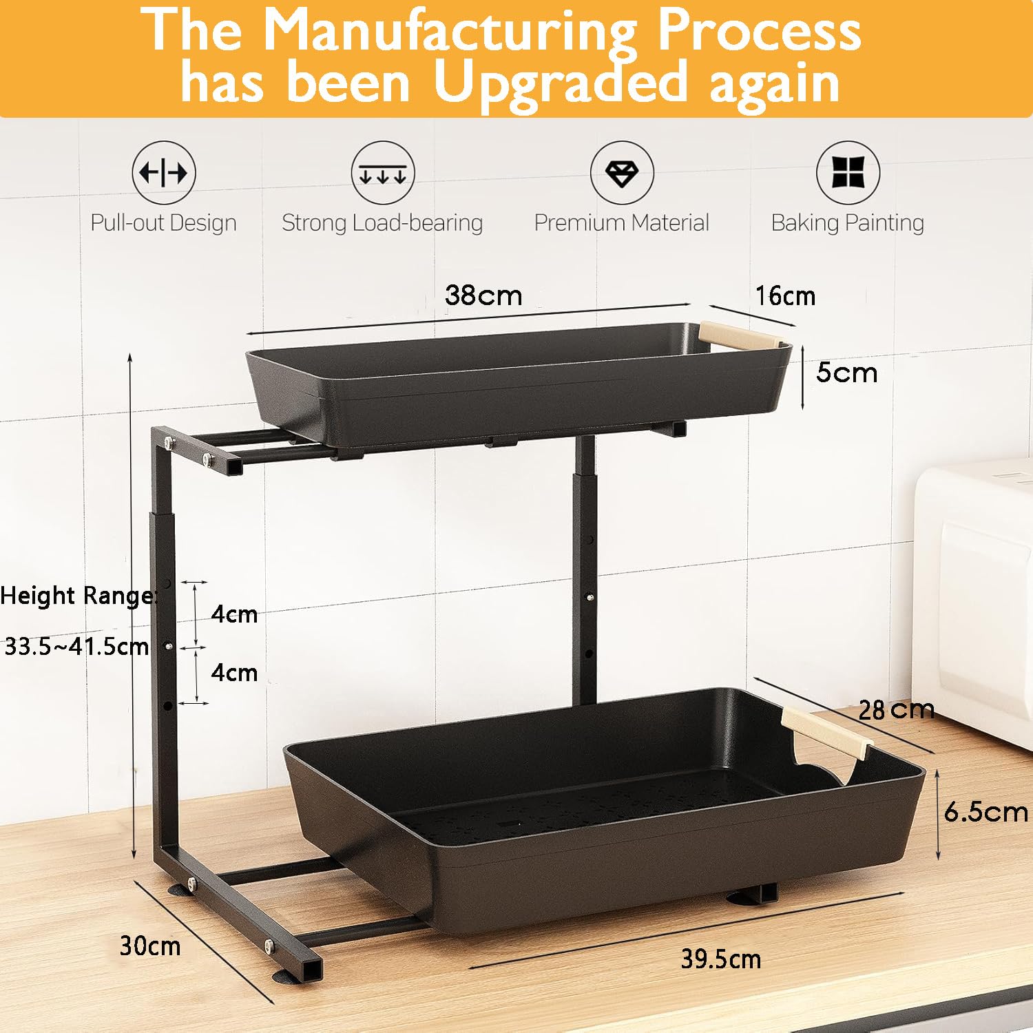 Organizery Schowek Pod Zlewem z Wysuwaną Szufladą w Kształcie Litery L, Regulowaną Na 3 Poziomy (33,5–41,5 Cm), Abs + Stal Węglowa Ultra, Nośność 22 Kg