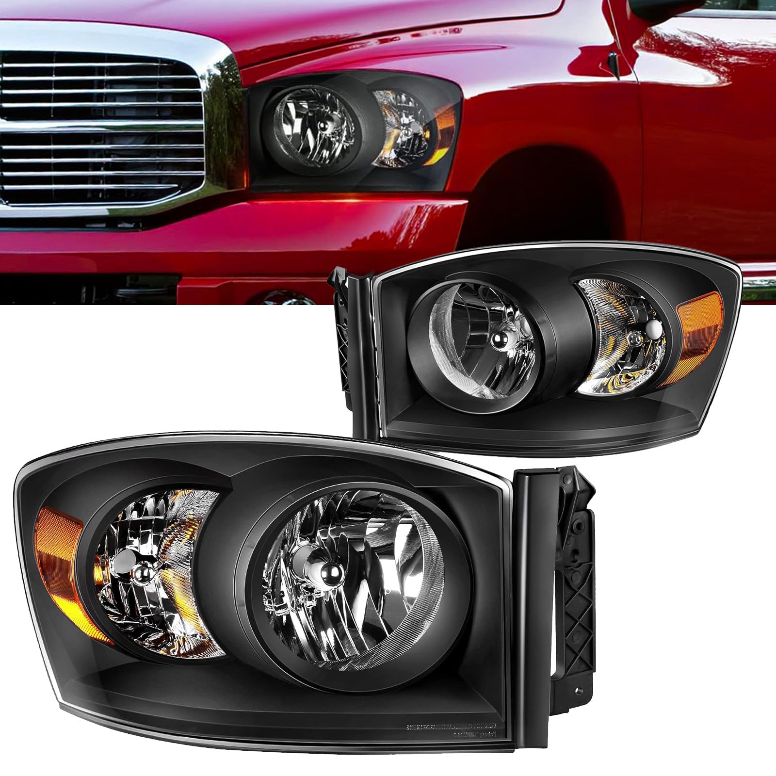 Headlights Assembly Compatible with 2006 2007 2008 Dodge Ram 1500, 06 07 08 09 Dodge Ram 2500 3500 Head Lights Headlamp Pair, Black Housing Amber Corner