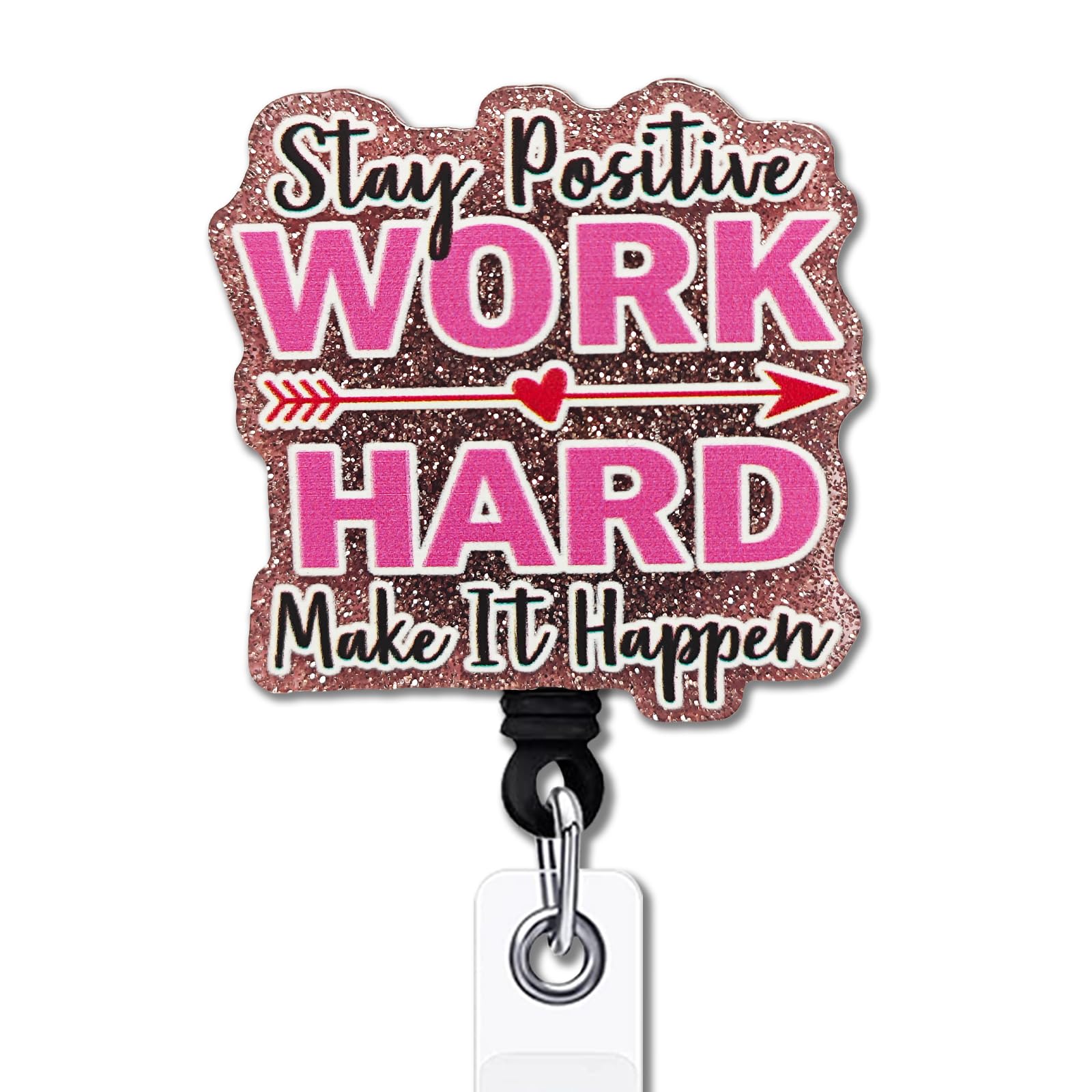YAZMEEN Inspirational Retractable Badge Reel with Alligator Clip Stay Positive Work Hard Make It Happen ID Badge Holder Funny Brown Glitter Badge Reel