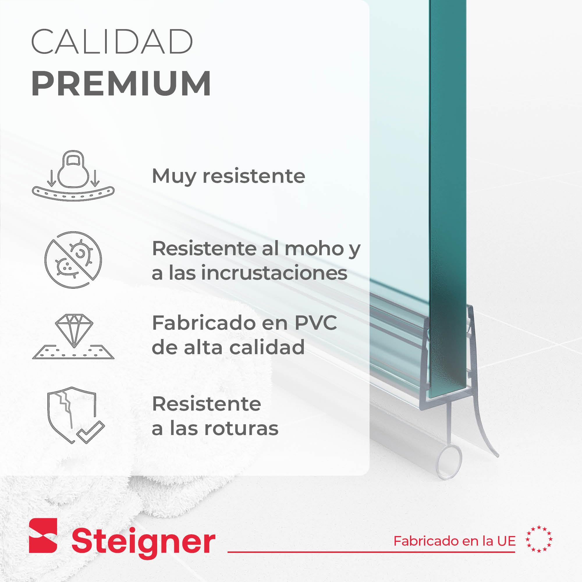 STEIGNER Junta mampara ducha UK08 90 cm (1 ud.) transparente - Junta vertical para ducha angular o pentagonal con puerta 6-8 mm - Ajuste perfecto, Impermeable, Fácil instalación, Acabado discreto