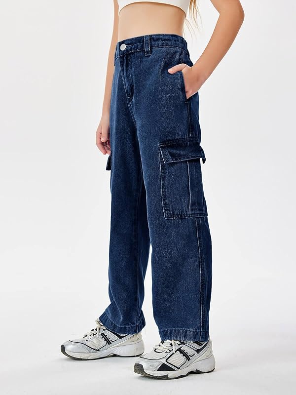 Haloumoning Girls Jeans Denim Elastic High Waisted Wide Leg Baggy Cargo Pants with Pockets 5-14 Years by Haloumoning - Image 4
