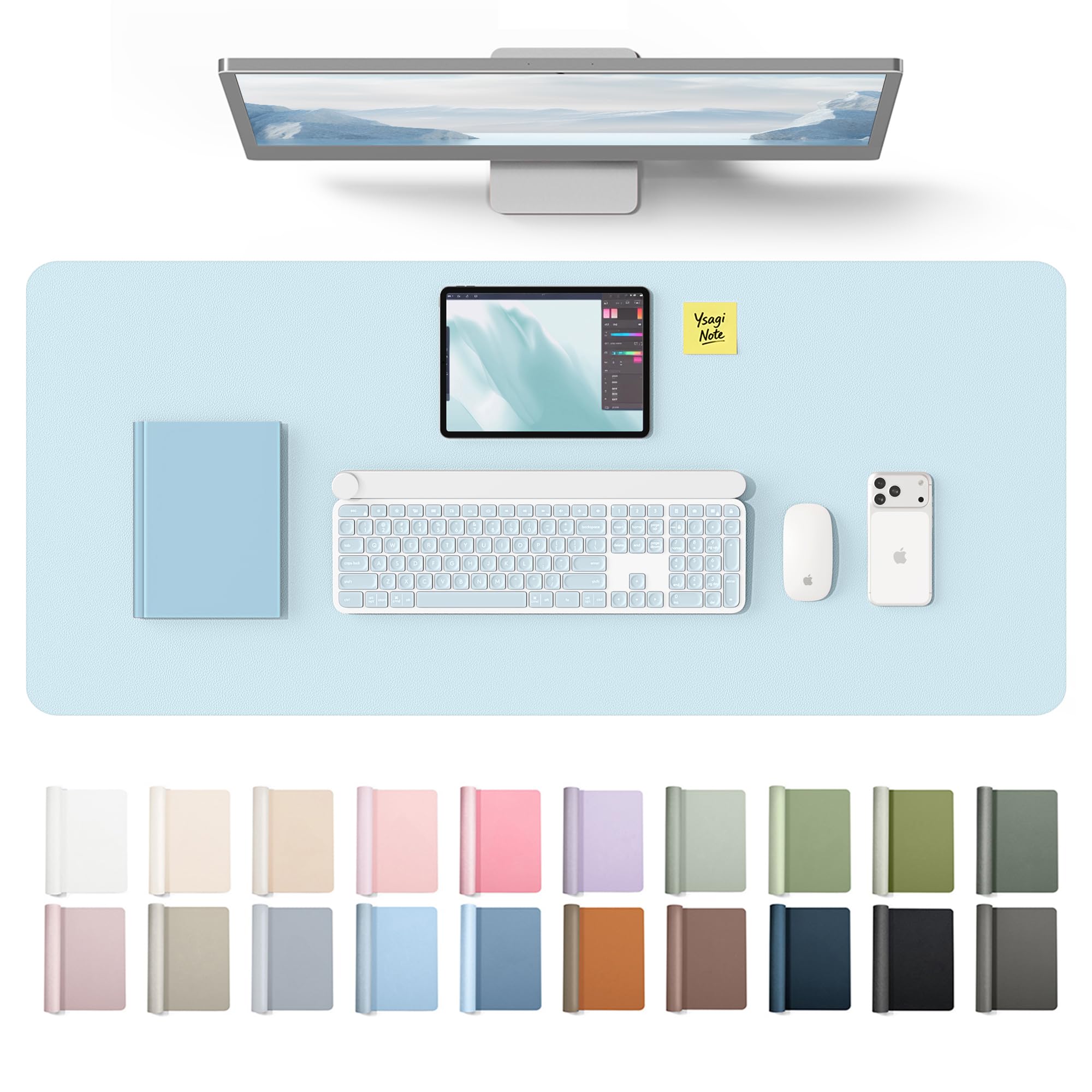 YSAGi Leather Desk Protector, Office Mat, Large Mouse Mat, Non-Slip PU Leather Blotter, Laptop Desk Mat, Waterproof Writing Pad for Office and Home(Baby Blue, 42" x 17.2")