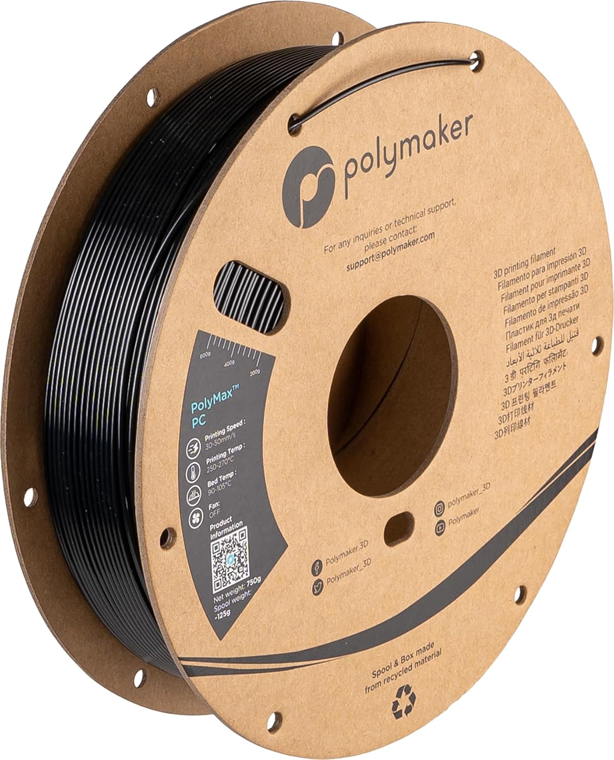 Polymaker Polymax Tough PC Filament 1.75mm, Black Polycarbonate Filament 1.75mm 0.75kg Cardboard Spool - PC Filament 3D Printer Polycarbonate Filament, Tough & High Heat Resistant