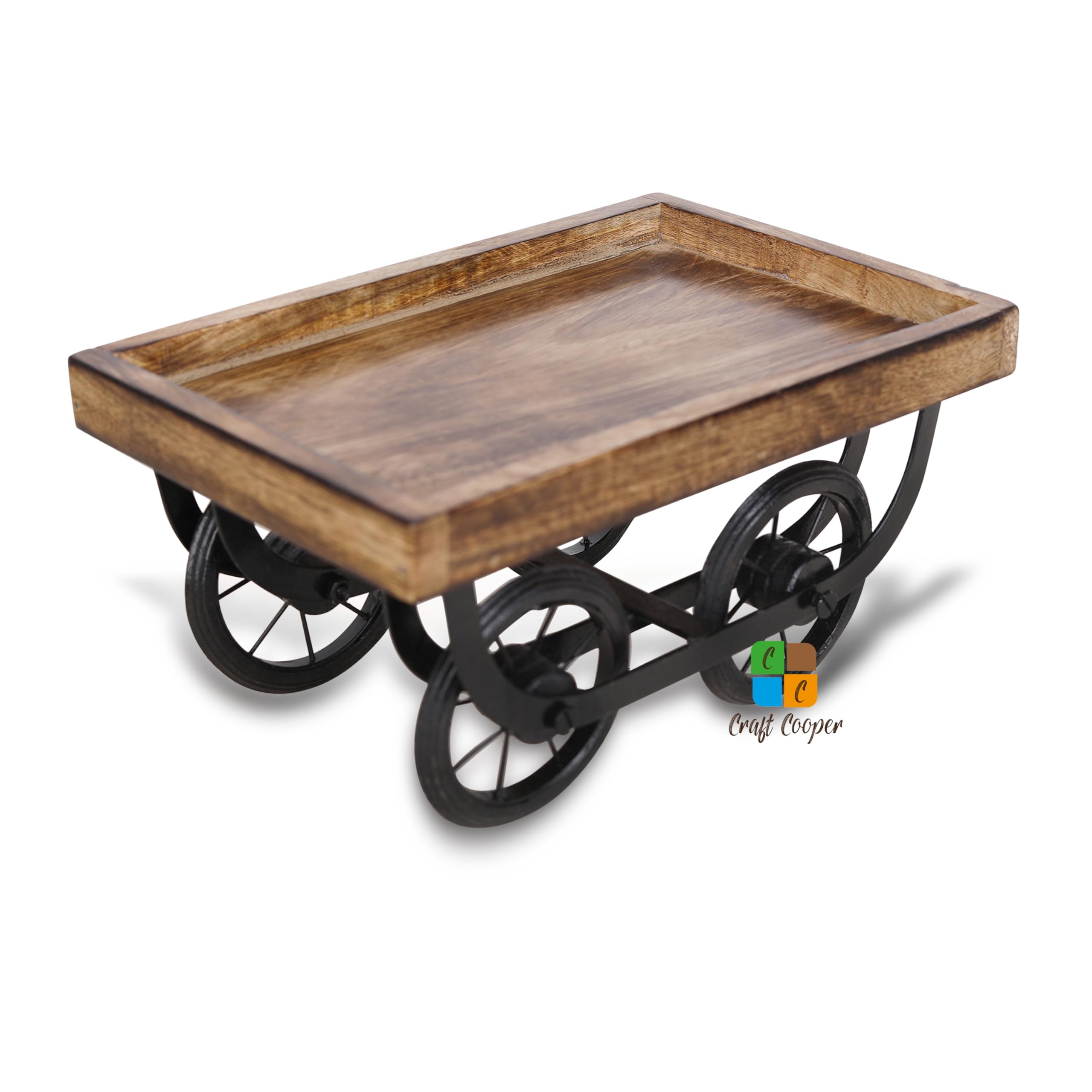 Craft Cooper Handcrafted Wooden Serving Tray with Wheels | Thela Serving Cart for Dining Table, Snacks & Beverages | Serving Platter for Parties & Gatherings | Home Décor Accent-image-41