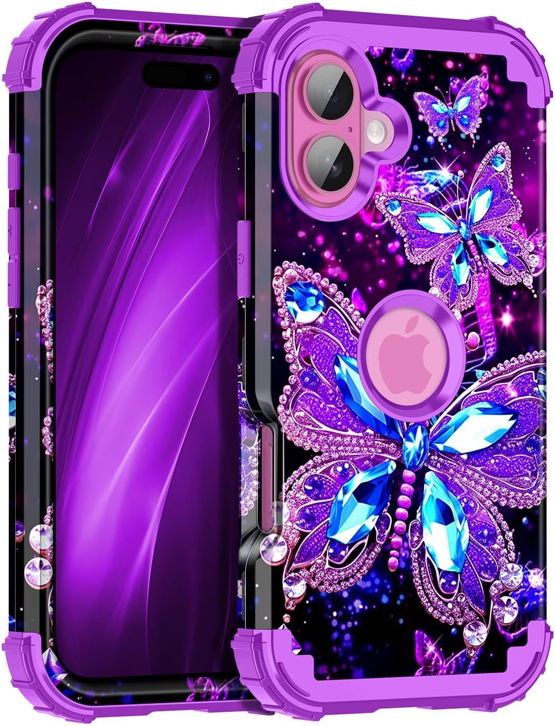 Hekodonk for iPhone 16 Case,Glow in The Dark Three Layer Heavy Duty Shockproof Protection Hard Plastic+Soft Silicone Full Body Drop Protective Case for Apple iPhone 16,All Purple