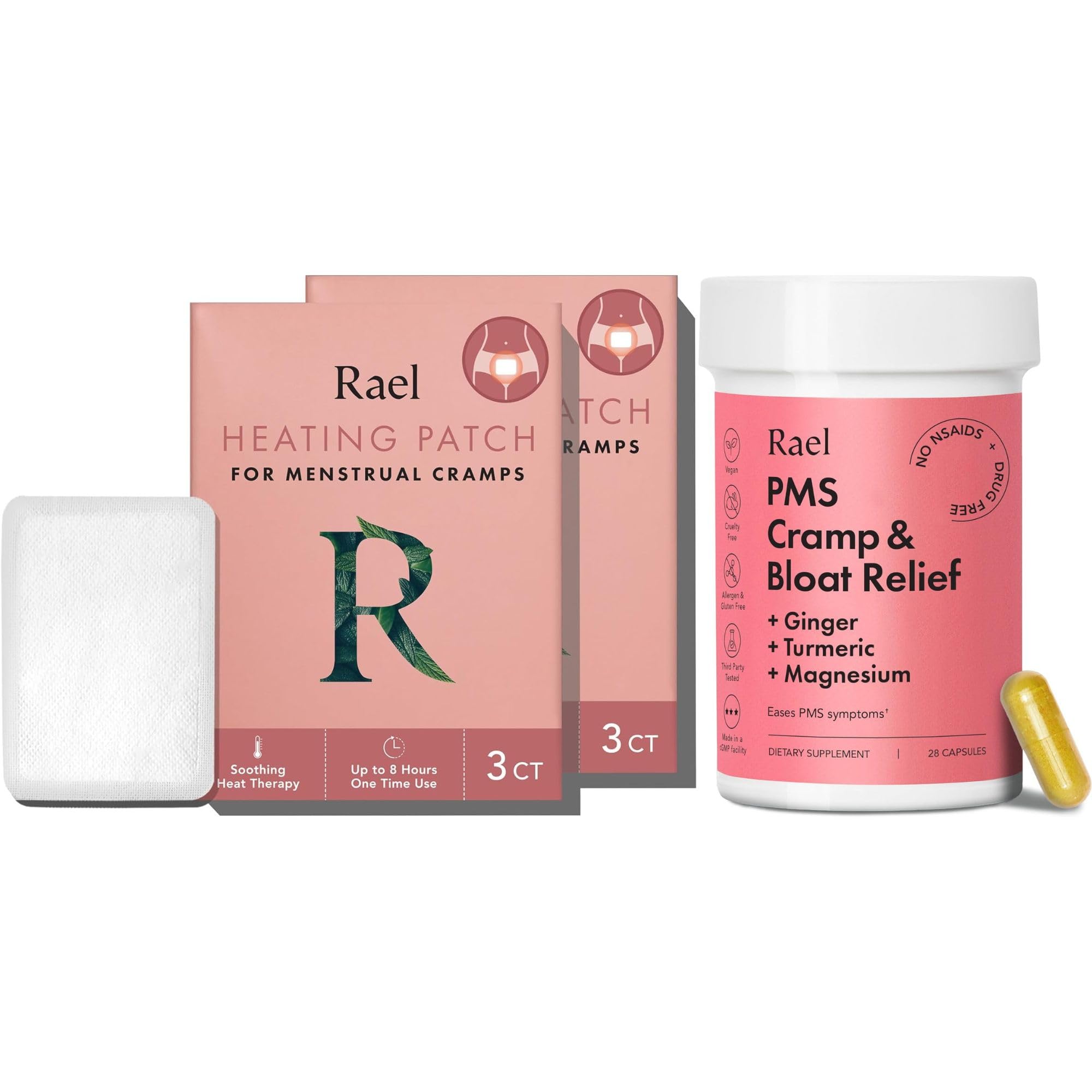 Rael Bundle - PMS Supplement for Women (28 Capsules) & Herbal Heating Patches (Small, 8 Count)