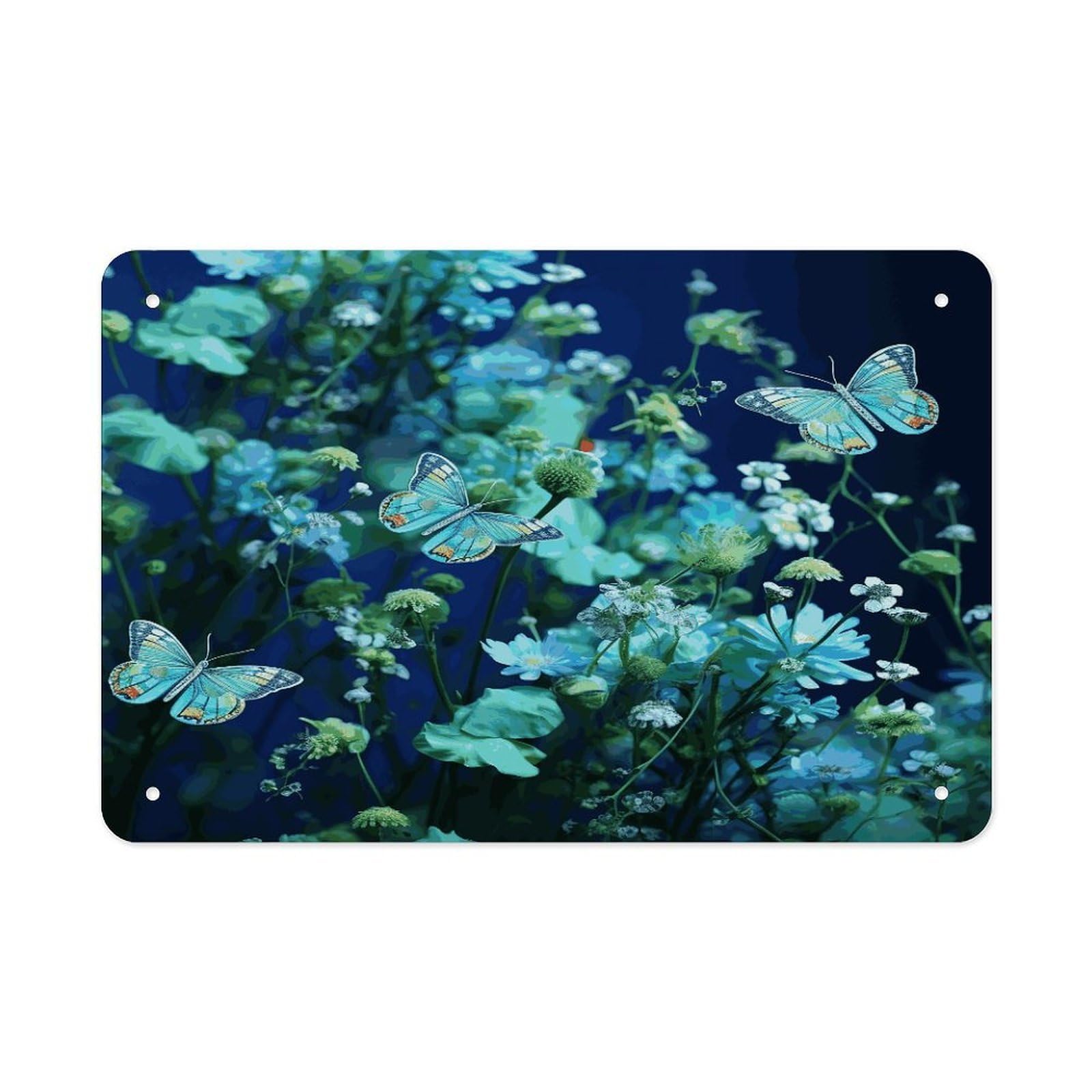 Fekiloot Style Green Butterfly And Blue Flowers Metal Signs Wall Art Tin Sign