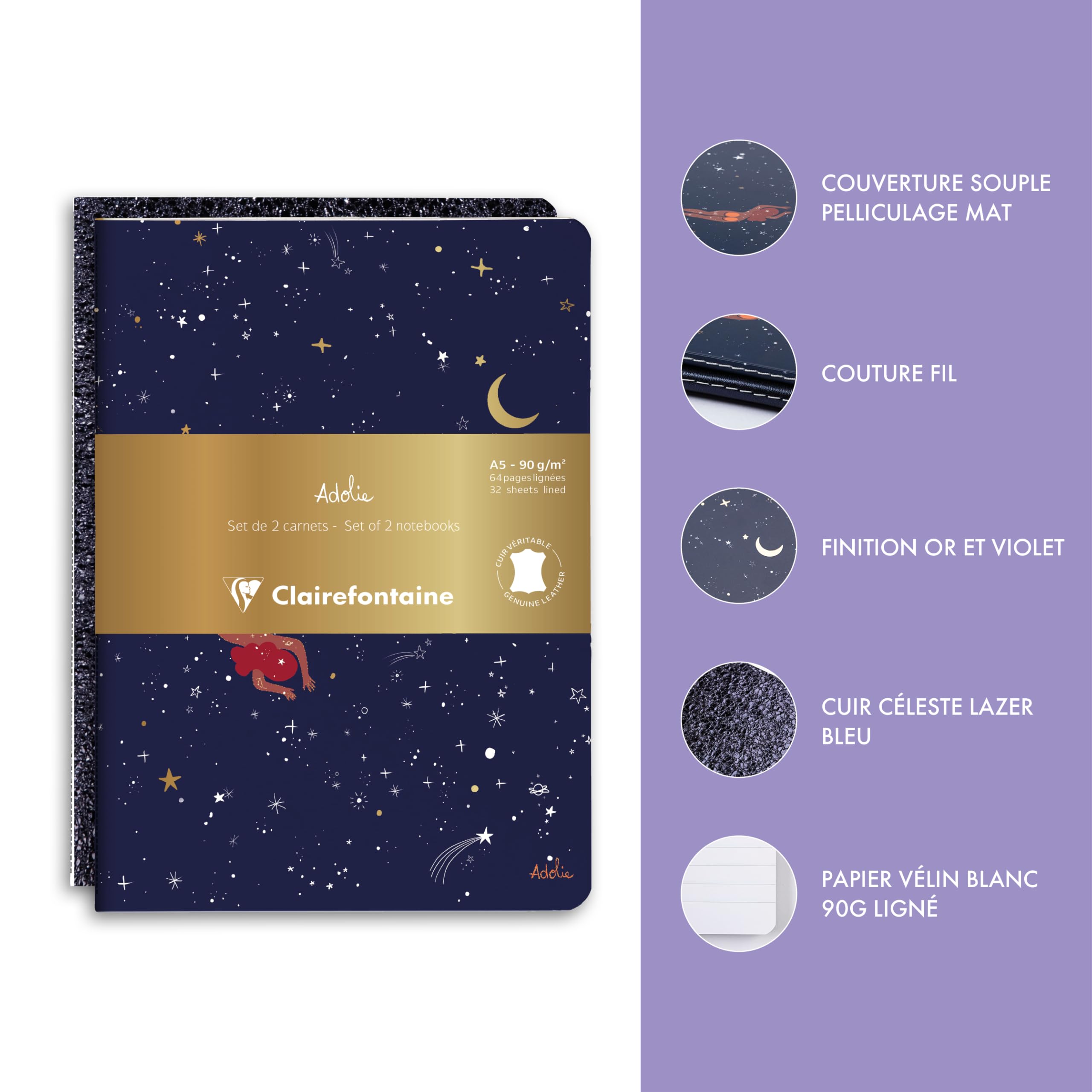 Clairefontaine, 116297C, A Set of 2 Notebooks, Blue Leather & Printed Celestial/Star/Moon A5 14,8x21cm - Image 3