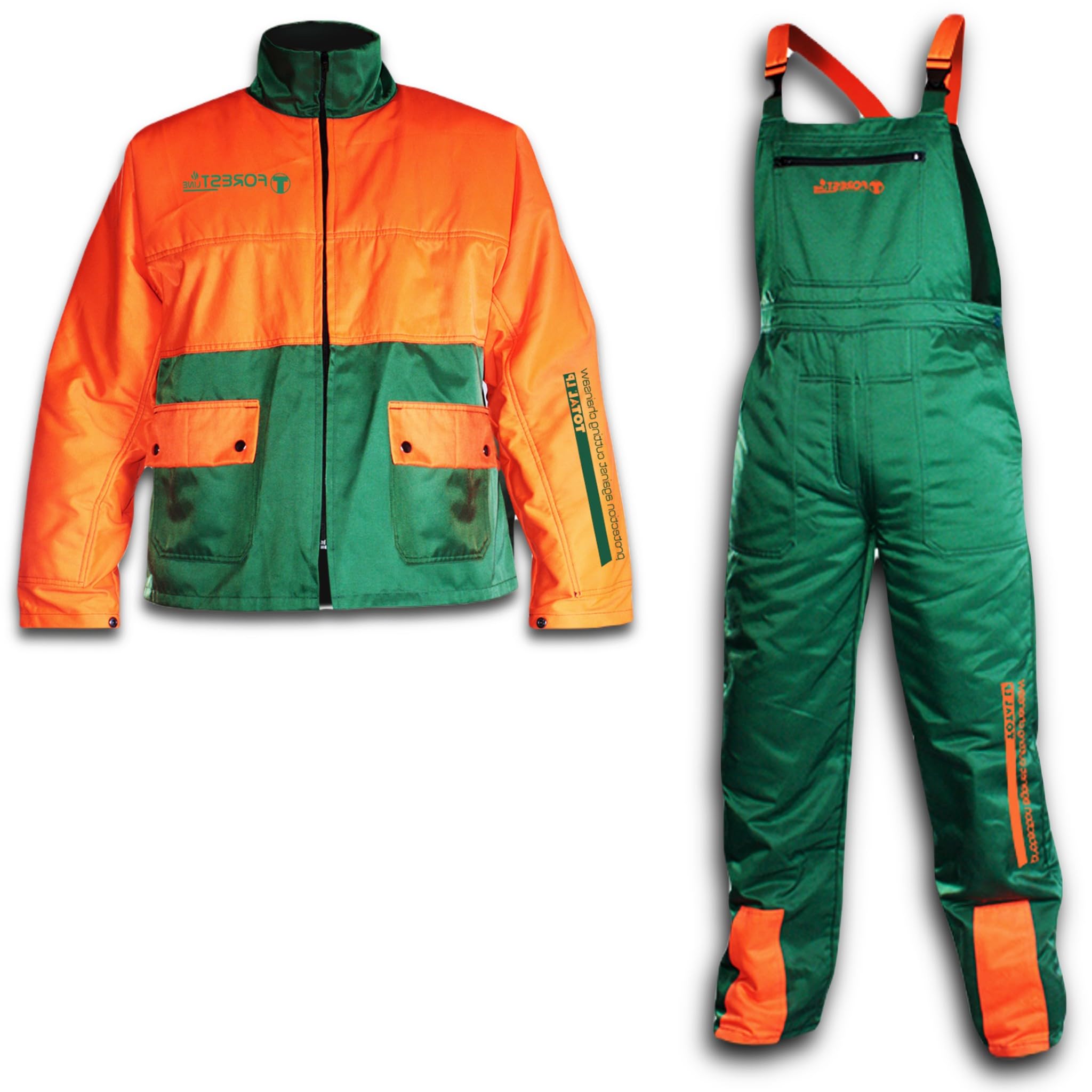 Bricoloco Giacca e Salopette pantaloni antitaglio Motosega 65% Poliestere e 35% Cotone con 12 Strati di Materiale Ritardante Taglio e Fodera 100% Poliestere.