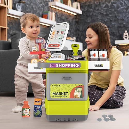 Miniatura 6 de deAO Juego de caja registradora para niños, 48 piezas de supermercado, juego de simulación de caja registradora con escáner, juego de alimentos y