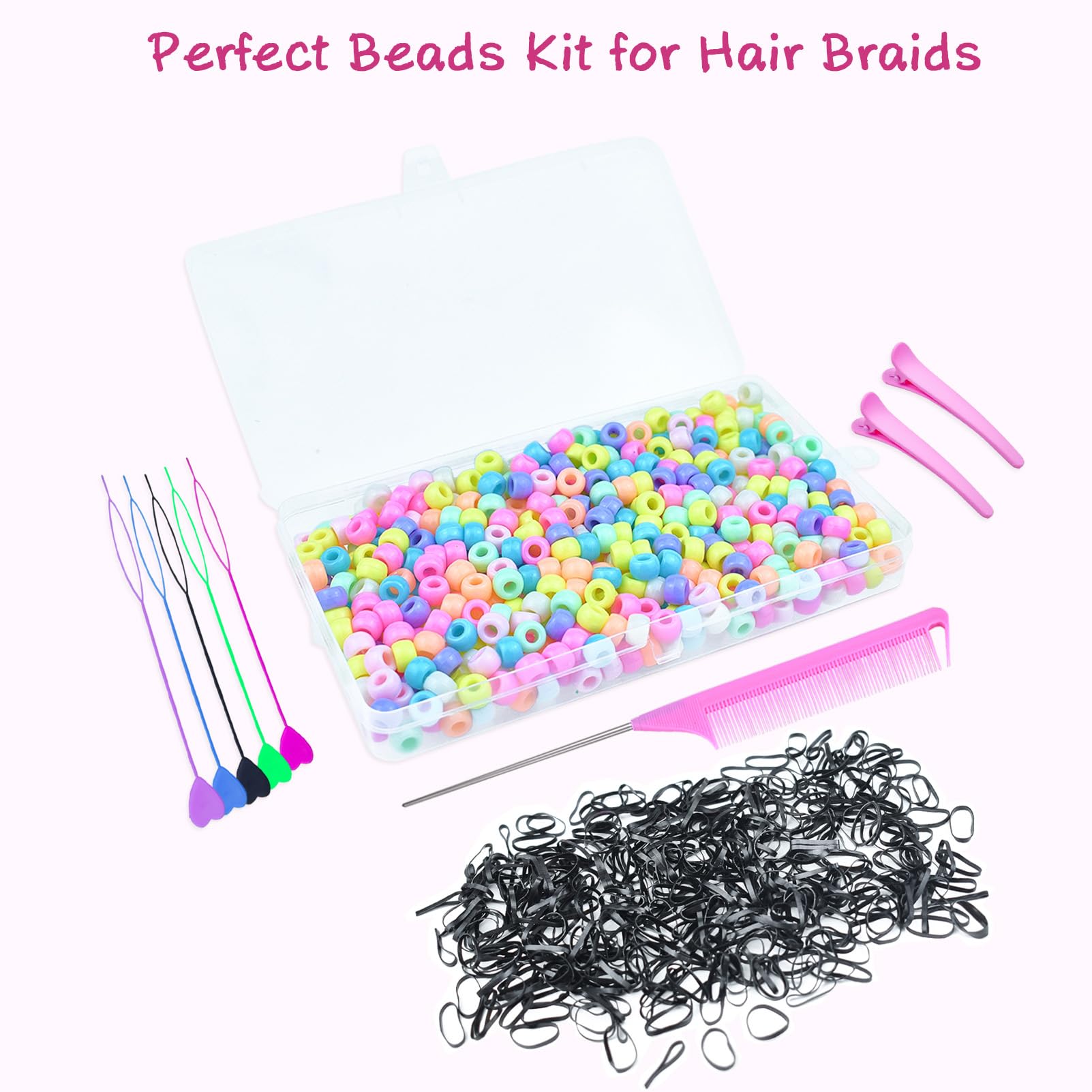 1008-teiliges Haarperlen-Set mit Haarstyling-Werkzeug, 500 Pony-Perlen, 500 kleine elastische Gummibänder, 1 Rattail-Kamm, 2 Entenschnabel-Clips, 5 schnelle Perlen für Kinder und Mädchen, Haarzöpfe