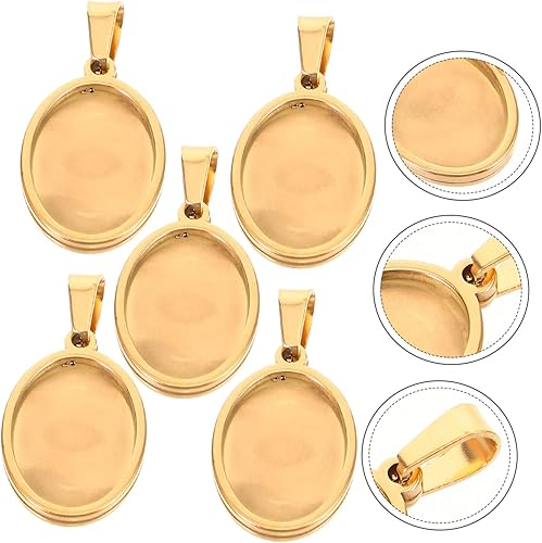 Miniatura 5 de EXCEART 5 unids en blanco oval accesorios base colgante bisel de acero inoxidable soporte DIY accesorios encanto inferior soporte colgante bisel en
