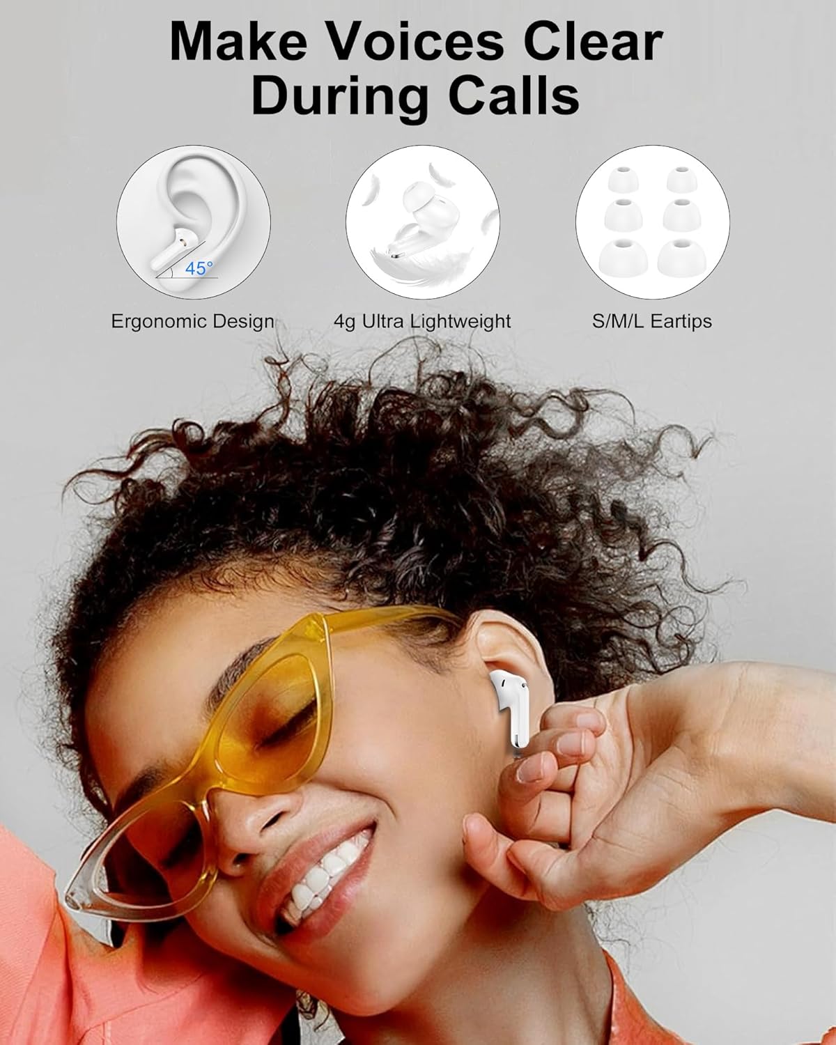 A person wearing AILKIN S80A earbuds, demonstrating the ergonomic design and comfortable fit with various ear tip sizes shown.