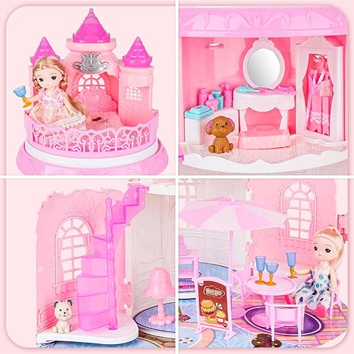 Miniatura 2 de deAO Casa de muñecas portátil con 2 figuras de juguete, sala de estar, dormitorio, balcón y accesorios para niños de 3 a 7 años (rosa)