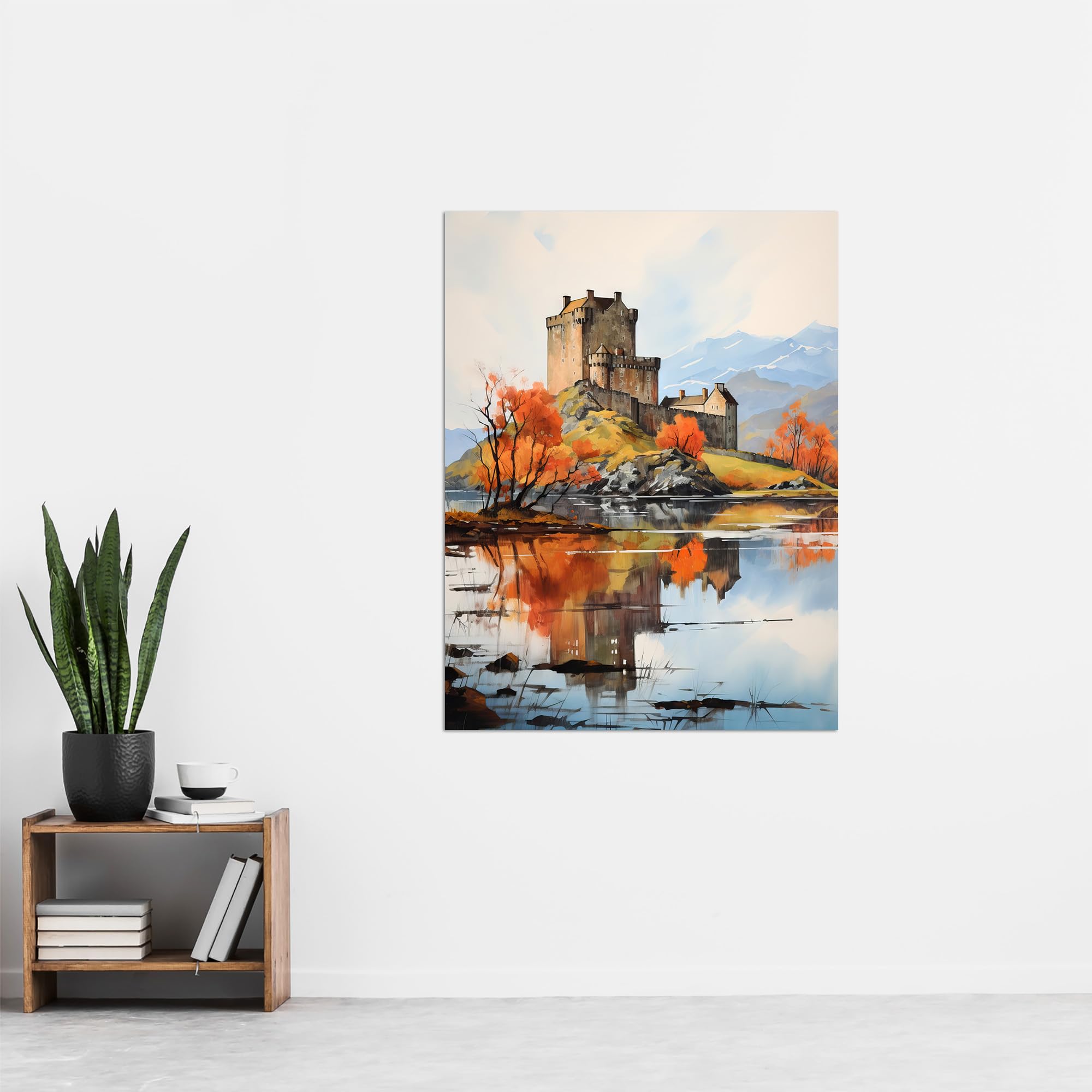 Artery8 Eilean Donan Castle Scotland Watercolour Painting Misty Morning Autumn Sunlight Extra Large XL Wall Art Poster Print - Image 4