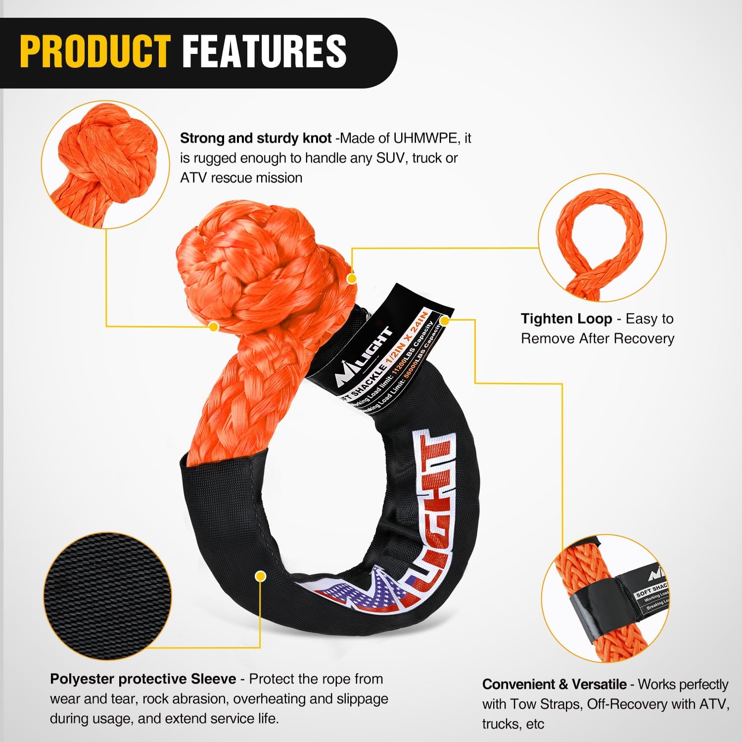 Nilight 2PCS Synthetic Soft Shackle 1/2" x 24" & Recovery Ring Kit image 3